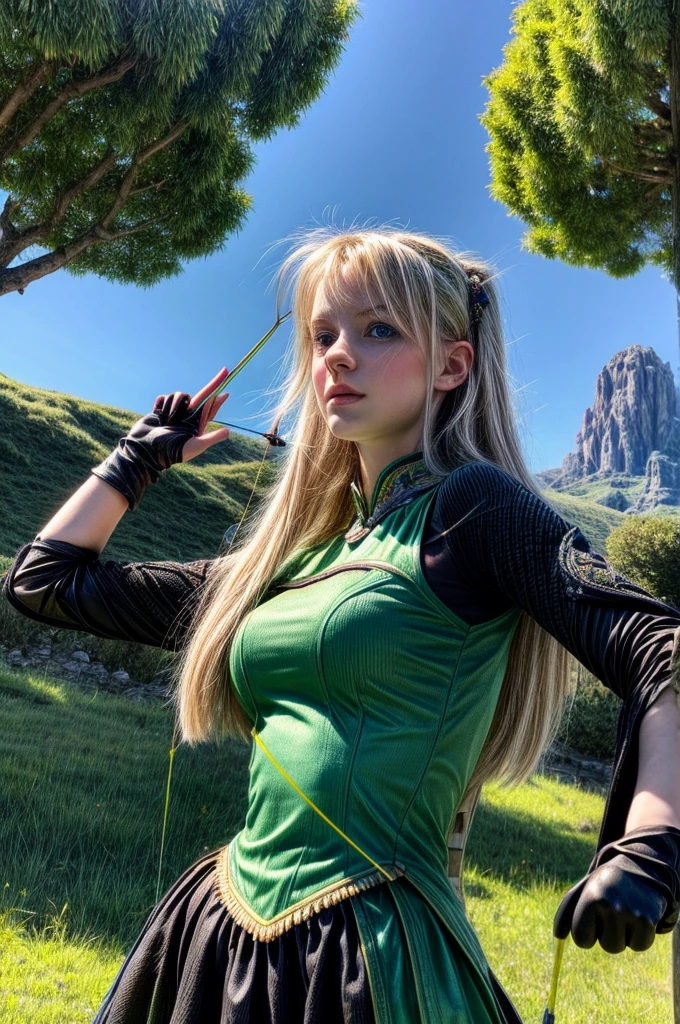In the center of a vibrant fantasy landscape, a young woman with blond hair and bright blue eyes stands in an archery stance. She is dressed in a green dress that contrasts beautifully with her black gloves. Her bow is thrown back, ready to release the arrow into the air. The background is filled with lush trees and high mountains under clear skies, adding depth to the scene. Above her head is the majestic bird eagle.