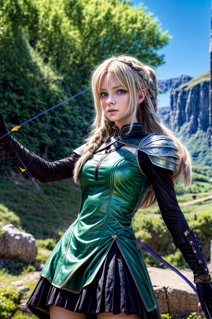 In the center of a vibrant fantasy landscape, a young woman with blond hair and bright blue eyes stands in an archery stance. She is dressed in a green dress that contrasts beautifully with her black gloves. Her bow is thrown back, ready to release the arrow into the air. The background is filled with lush trees and high mountains under clear skies, adding depth to the scene. Above her head is the majestic bird eagle.