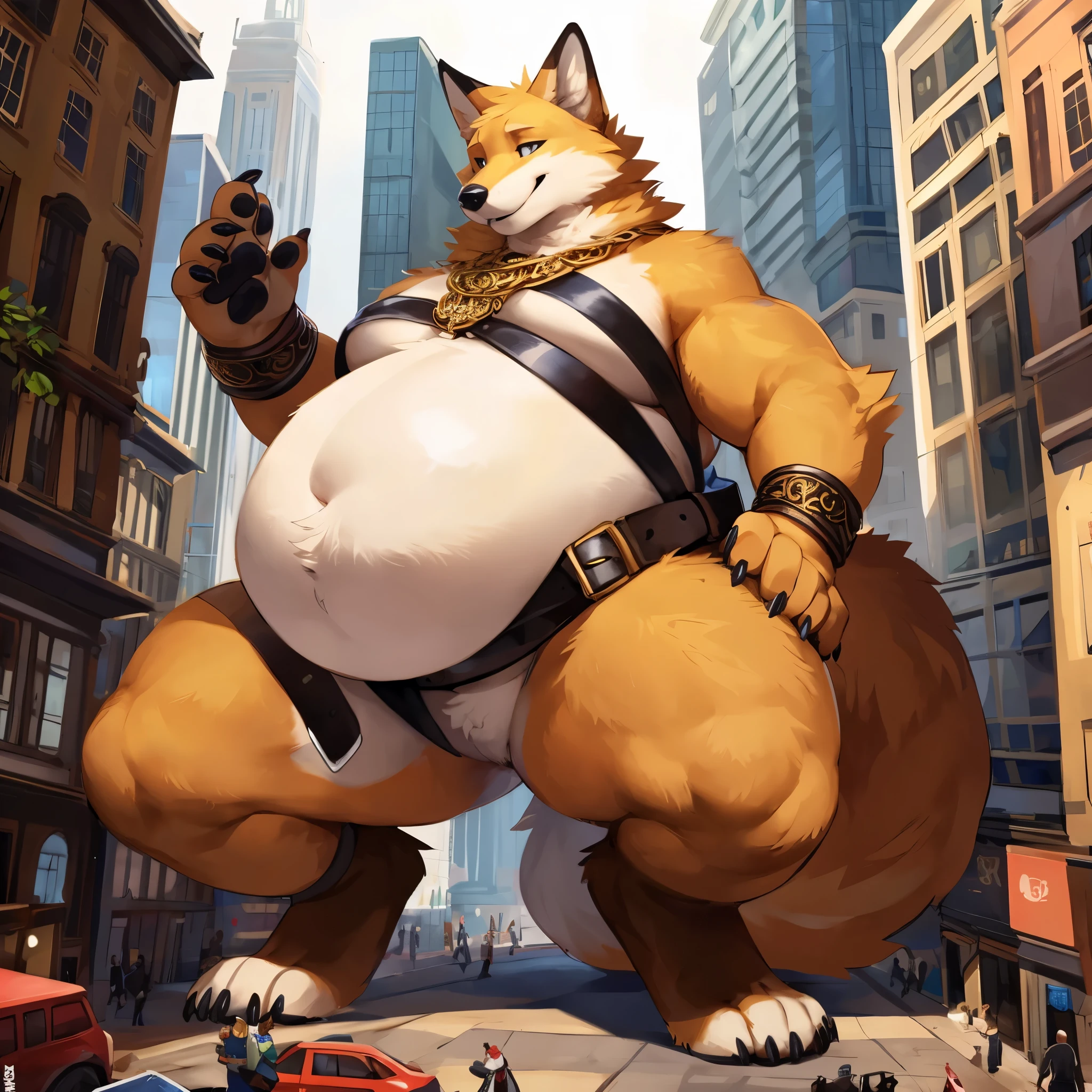 4k ultra quality, 4k full body view,ultra high detailed body,singo person,feral fox, detailed body, white belly fur, ((round feral belly)), enormous belly, enormous body,by mystikfox61, by glitter trap boy, by bebebebebe,by morethreedee, by seibear,(thick thigh),(chubby thigh),thicc thigh,thick legs,chubby legs,thicc legs,massive butt,enomorous thigh,massive thigh,massive legs,(detailed thigh),(wide thigh),thick butt,fluffy belly,furry belly,sharp nails,((sfw)),(ultra detailed face),ultra detailed eyes,cute face,(golden fur),big tail,fluffy tail,(detailed tail),enomorous tail,bigger tail,huge tail,bloated feral belly,enomorous thigh,fluffy paws,detailed paws,thick paws,chubby paws,huge paws,big paws,(black paws),bare paws,ornate belts,ornate necklace,golden bracelet,leather belts,multiple belts,in a city,(macro),giga,(feral focus)