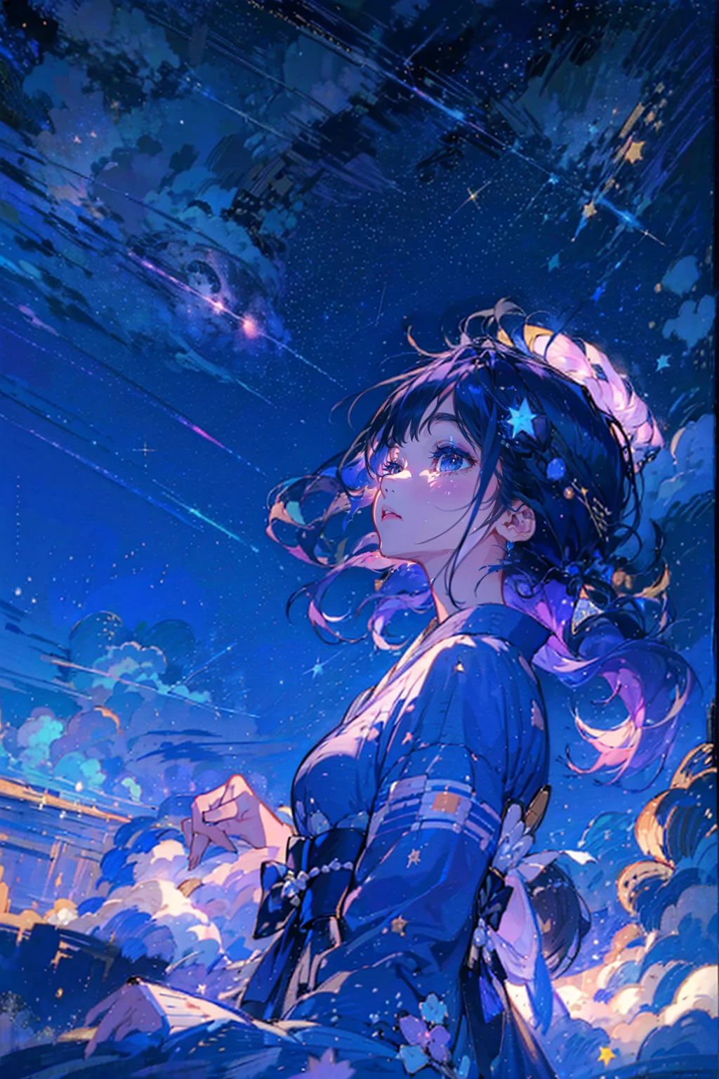 1girl,solo,cool,yukata,perfect face,perfect fingers,look up,she is seeing the sky,star night,starry night,low angle,fanxing,fantastic