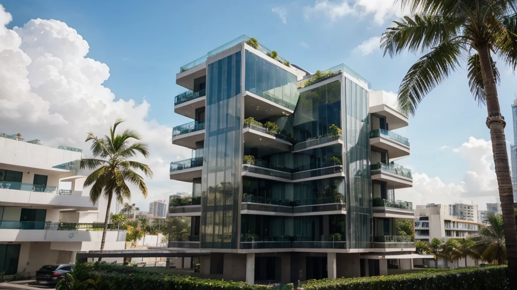 Big very large building in Double L shape intertwined.
Modern architecture, modern 4 storeys building, glass façade , park around, very clean, green garden, palm trees, 3 storeys. Vegetal roof, bioclimatic, one small tower building inbthe center. Barragan architecture. Very large long building