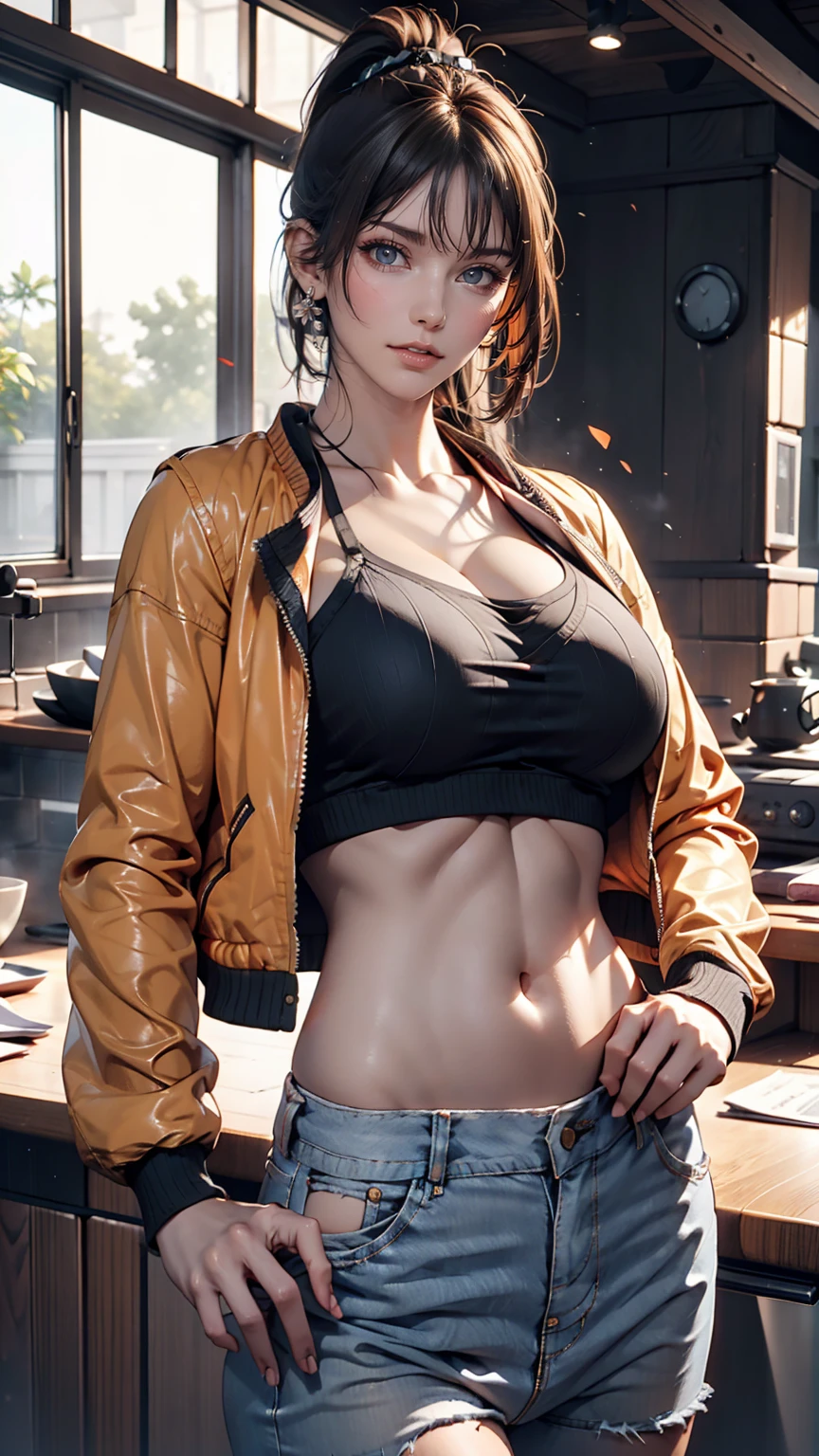 24-year-old female、Front Ponytail((front ponytail))、Brown Hair、Purple inner color、Midriff Jacket((midriff jacket))、I can see my belly button、Low-rise tiletto heels、Glass floor、Twist your upper body to look at the viewer、Put one hand on your hip、Sexy、Sexy proportions、adult、erotic、Narrow waist、Narrow waist、Process々Big Tits、Beautiful fingertips