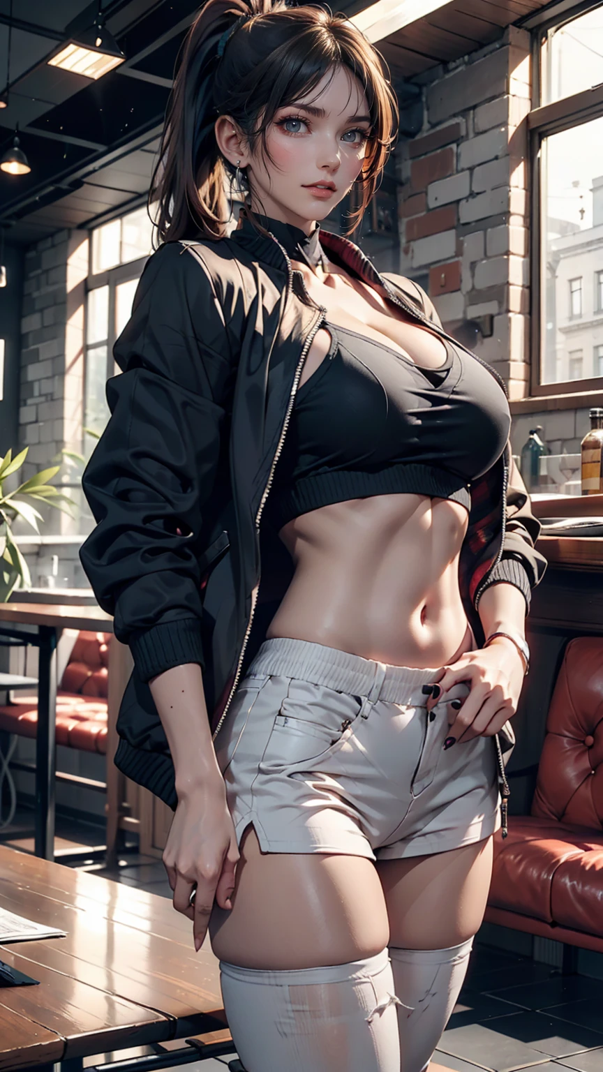a beautiful young woman with delicate facial features, sitting at a bar with a clear view of the ocean, wearing a grey mesh sweater and tight jeans, leaning on the bar with her arms, with a slender figure and large breasts, 24 years old, charming and seductive eyes, (best quality,4k,8k,highres,masterpiece:1.2),ultra-detailed,(realistic,photorealistic,photo-realistic:1.37),HDR,UHD,studio lighting,ultra-fine painting,sharp focus,physically-based rendering,extreme detail description,professional,vivid colors,bokeh,portrait