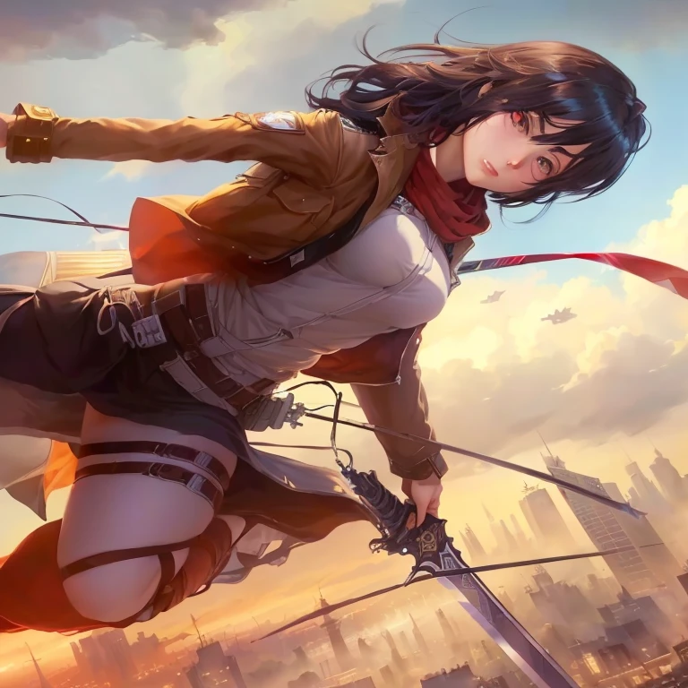 anime girl with sword flying over city with buildings in background, extremely detailed artgerm, amazing wallpaper, mikasa ackerman, from attack on titan, anime style 4 k, 4 k manga wallpaper, in attack on titan, anime wallpaper 4 k, anime wallpaper 4k, artgerm and atey ghailan, 4k anime wallpaper