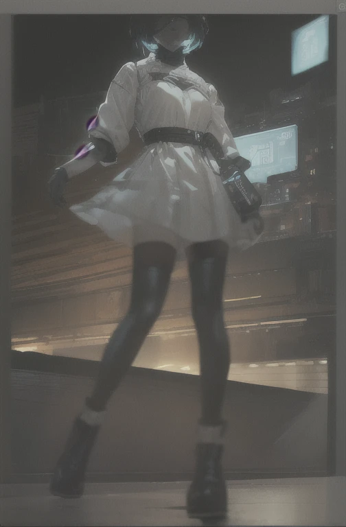((The best quality)), ((Masterpiece)), (Very detailed:1.3), ..............3D, beautiful (Cyberpunk:1.3) hacker woman, short hairstyle,short hair, Return to viewer, Thick hair, Operating computer terminal, head mounted display, computer server, LCD screen, fiber optic cable, Company logo, HDR (High Dymanic Range), ray tracing, NVIDIA RTX, super resolution, Unreal 5, Subsoil Scatter, PBR texture, Post-processing, Anisotropic filtering, depth of field, maximum sharpness and sharpness, Multilayer textures, Albedo y Highlight Maps, Surface shading, Accurate simulation of light-material interactions, perfect proportions, octane rendering, duotone lighting, Low ISO, white balance, rule of thirds, wide opening, 8K RAW, efficient sub-pixels, sub-pixel convolution, glow particles, dynamic pose