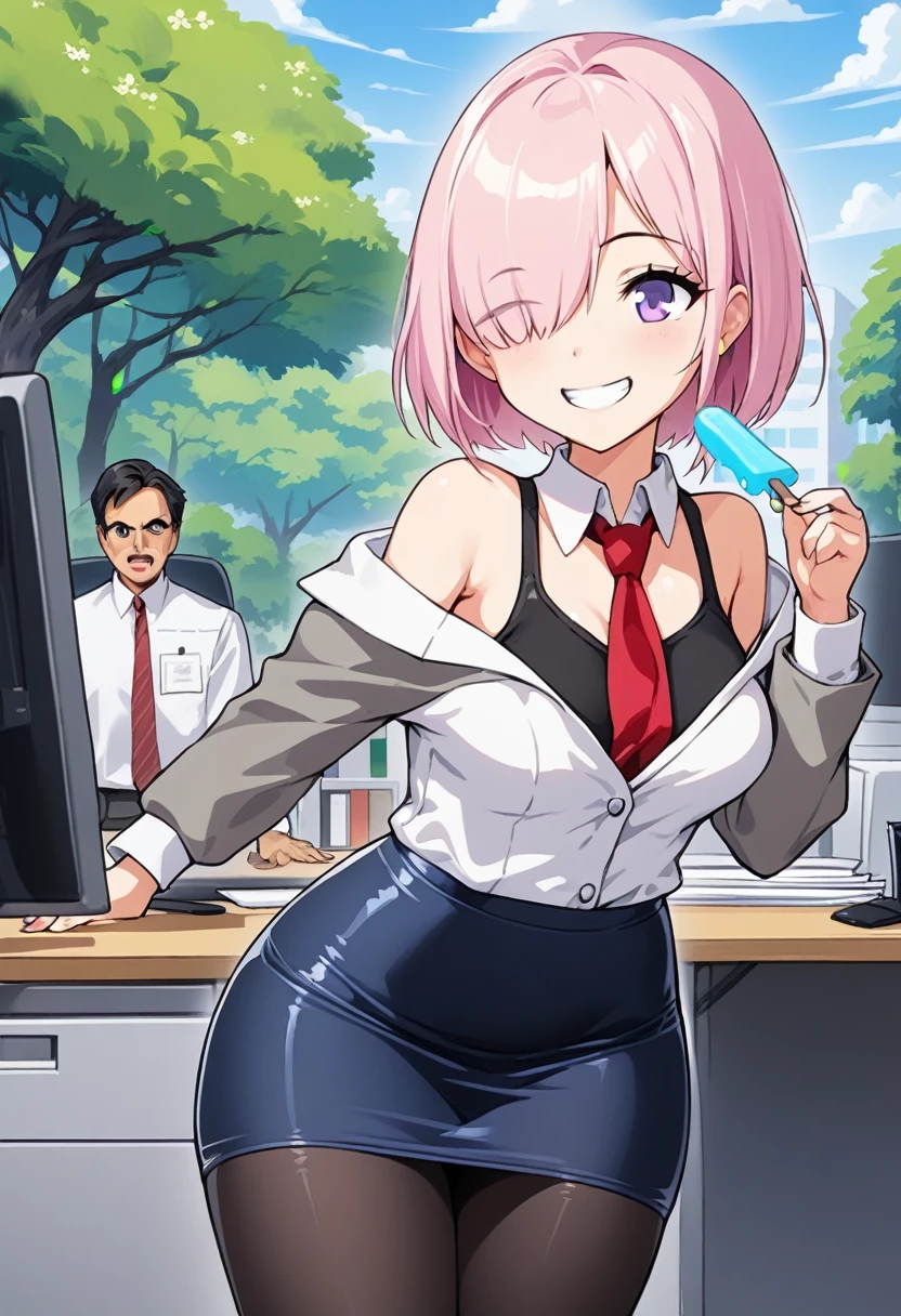 1 woman, Short hair, pink hair, purple eyes, hair above one eye, black shirt, white collar, red tie, Two-tone jacket, white jacket, gray sleeves, long sleeves, skirt, pantyhose, outdoors, seat, park, off shoulder, bare shoulders, popsicle score_9, score_8_consolation, score_7_consolation, score_6_consolation, score_5_consolation, score_4_consolation, BREAK Source_japanese cartoon movies, ((masterpiece,꽉끼는 skirt)), A beautiful smile, office job,((tight skirt)),