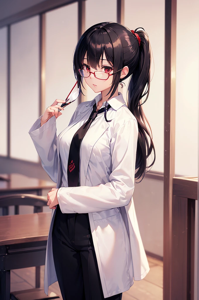 (masterpiece; best quality: 1.2), (finely detailed eyes: 1.3), ((25 year old woman)), ((solo)), (red eyes: 1.4), (body; gorgeous, luscious, femenine: 1.3), (silky black hair + low ponytail: 1.3), (beautiful and clear background: 1.2), ((depth of field)), (equipment: labcoat + shirt black + necktie white + pants white + square glasses black: 1.3), (anime illustration: 1.2), (background composition; japanese highschool classroom + furniture: 1.1), (extremely fine and beautiful: 1.1), (shot composition; standing + centered on torso + close-up: 1.5), (expression; calm, stoic: 1.2)