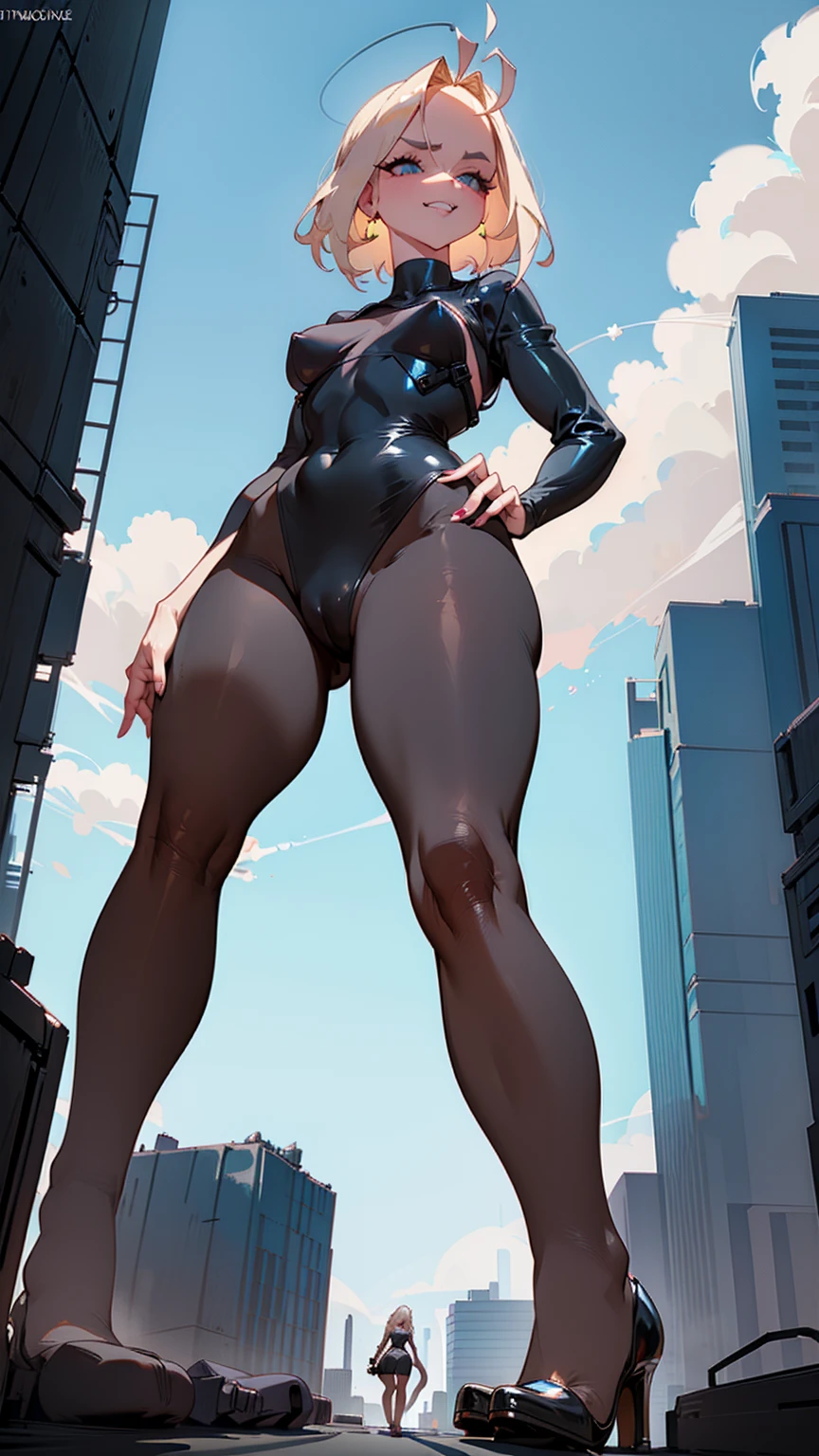 Seductive giantess woman in a barely-there leather outfit, with cascading platinum blonde hair and emerald eyes, struts through a futuristic city. Her curvy body crushes buildings beneath her stilettos. She gazes down at the tiny humans by her heels with a wicked grin, her sultry voice taunting them. Giantess, Goddess, sexy legs, heels, hot, curvy body, mommy issues, small town, small people, tiny people, macrophilia, perspective from below, high quality, almost naked, mature woman, seductive.

