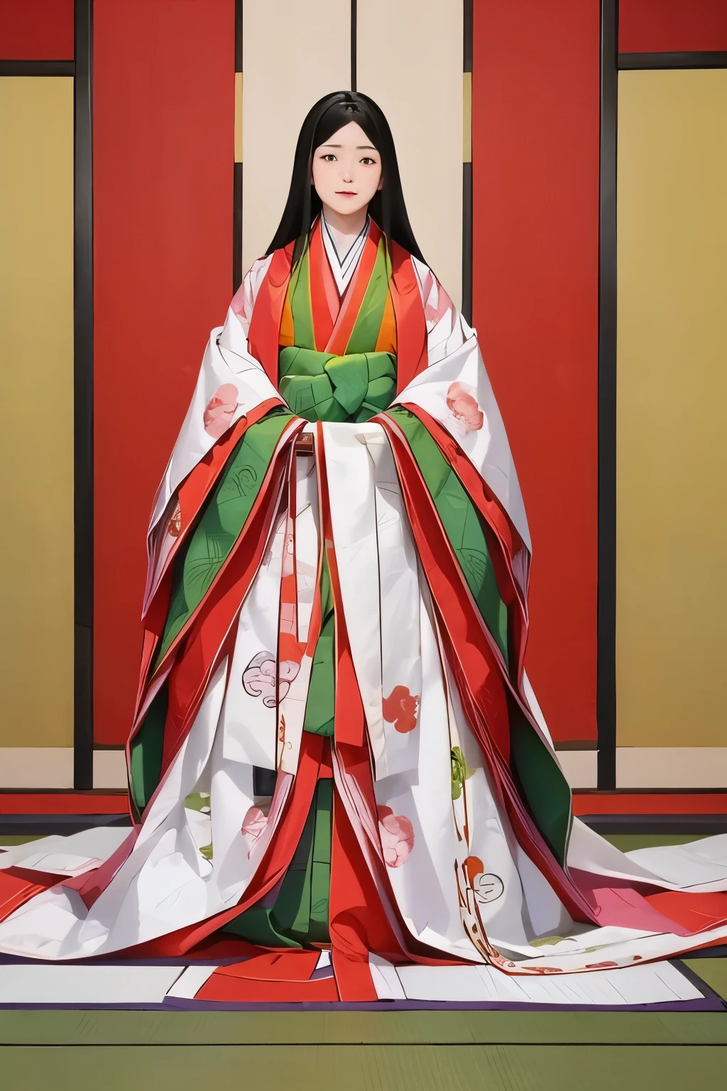 (masterpiece, Highest quality:1.2), Detailed Description、4k anime art、Photorealistic、One young woman、Twelve-layered kimono、whole body、alone、from the front、From diagonally ahead、Beautiful Face、very long pretty black hair、Purple-red robe、Court Crests、White skirt、Kaifu Crest Skirt、(An accurate depiction of an open fan:1.2)、An accurate depiction of the pink karaginu collar、An accurate depiction of the five-piece chest garment、(An accurate depiction of the five-piece sleeves:1.2)、(An accurate depiction of the five-layered garment:1.2)、(Shrimp brown long hakama:1.2)、A room in a shinden-style building from the Heian period in Japan、Wall、screen、Xifeng、Blur the background, 