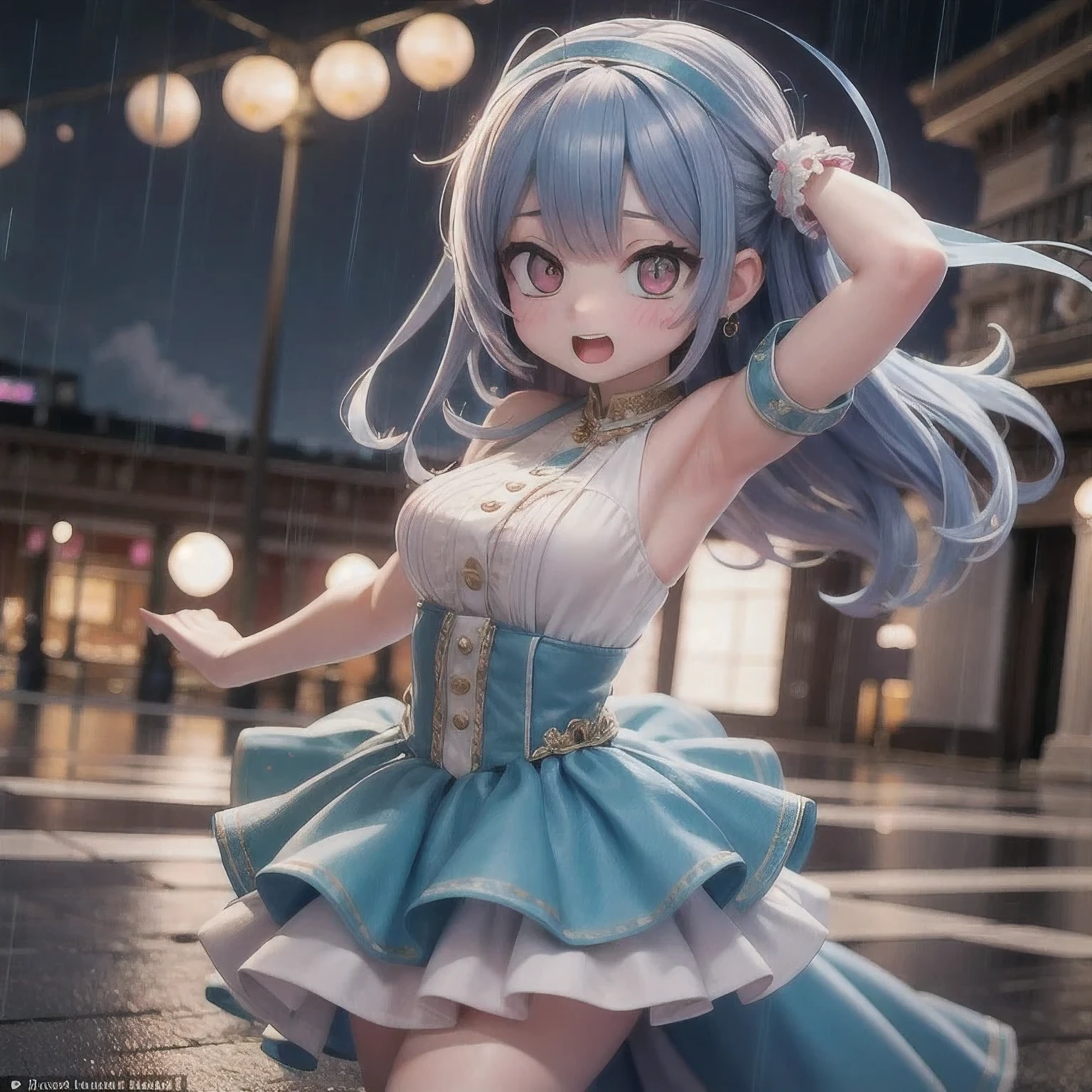 (masterpiece, best quality:1.2), <lyco:vtuber_siro-10:1.0>, cowboy shot, solo, 1girl, vtsiro, smile, looking at viewer, hands on hips, antenna hair, hair ornament, hat, blue dress, striped bow, pantyhose, spotlight