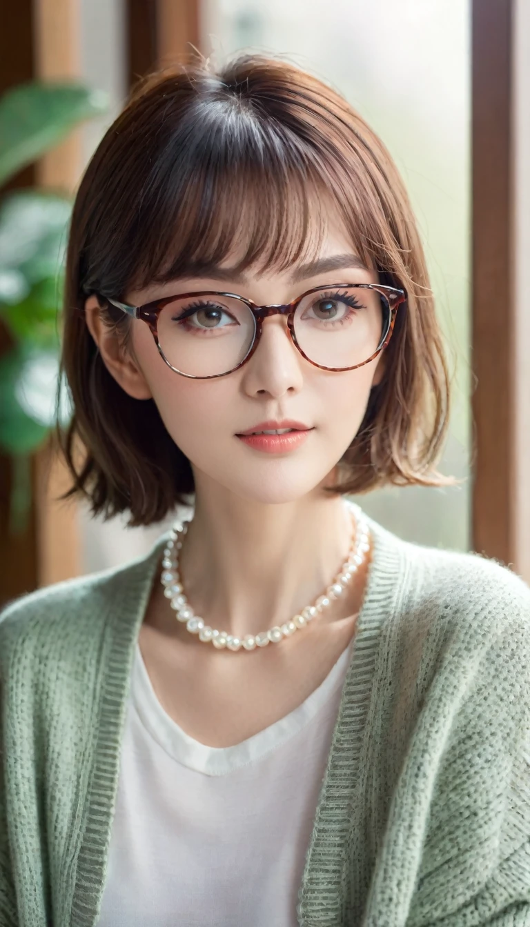 gorgeous adult woman, long neck, short hair, bangs, perfect eyes, soft light, high quality, 4k resolution, casual clothes, pearl necklace, knit cardigan, T-shirt, over-rim eyewear, bespectacled