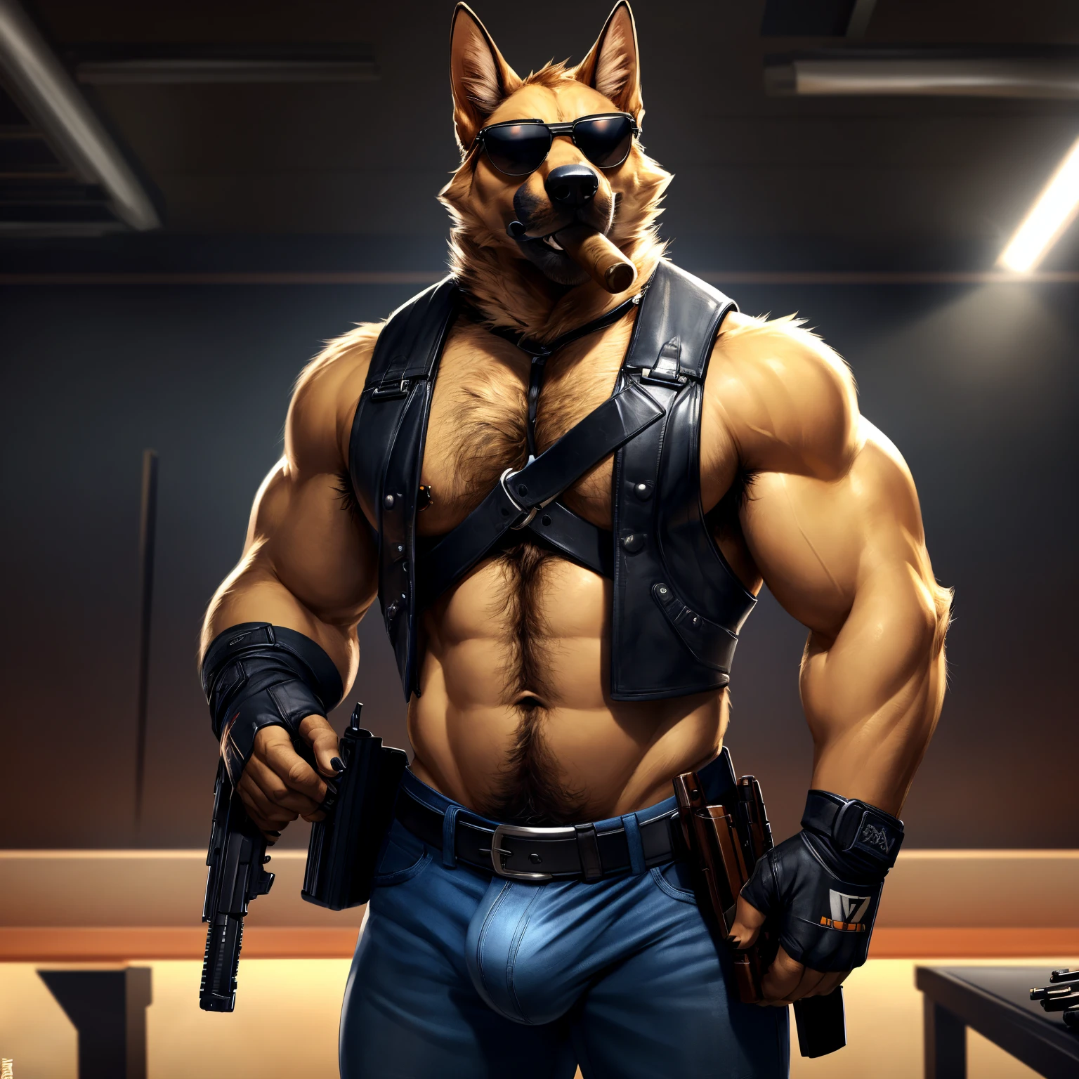 Solo, male, medium muscular, german shepherd, dog, biker, hairy chest, furry chest hair, shirtless, leather vest, blue jeans, leather chest harness, gun holster, gun, leather fingerless gloves, combat boots, boots, cigar, cigar in mouth, nipple piercing ((focus body, furry focus, shades focus, body shades)) nice body, standing, holding gun, holding a large caliber pistol, desert eagle, deagle, .50 handgun, aiming gun, armpit, armpit hair, bulge, nsfw, model, light, shades, 4k, high quality ((( gun range background, inside))), by darkgem, by mystikfox61