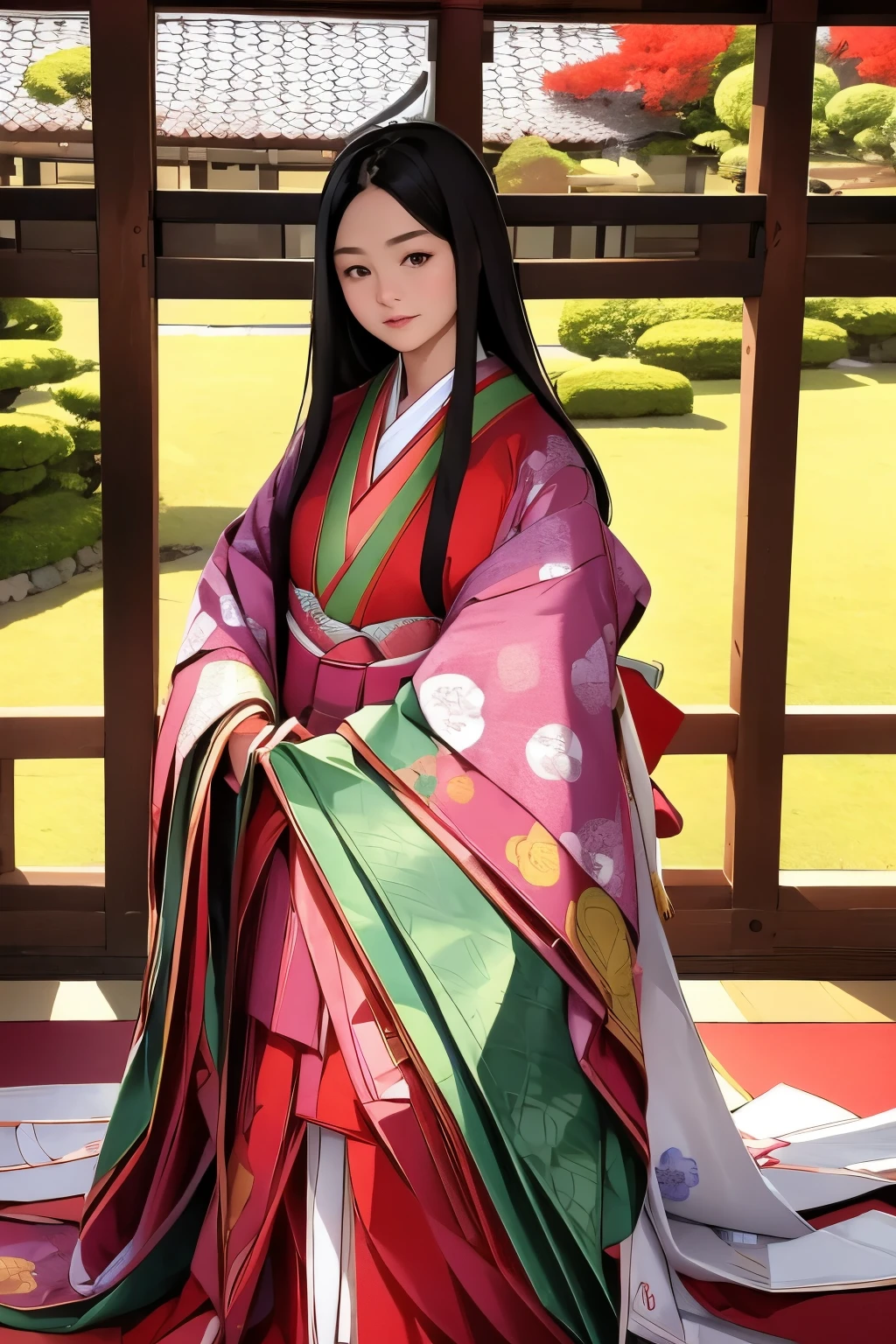 (masterpiece, Highest quality:1.2), Detailed Description、4k anime art、Photorealistic、One young woman、Twelve-layered kimono、whole body、alone、from the front、From diagonally ahead、Beautiful Face、very long pretty black hair、Purple-red robe、Court Crests、White skirt、Kaifu Crest Skirt、(An accurate depiction of an open fan:1.2)、An accurate depiction of the pink karaginu collar、An accurate depiction of the five-piece chest garment、(An accurate depiction of the five-piece sleeves:1.2)、(An accurate depiction of the five-layered garment:1.2)、(Shrimp brown long hakama:1.2)、A room in a shinden-style building from the Heian period in Japan、Wall、screen、Xifeng、Blur the background, 