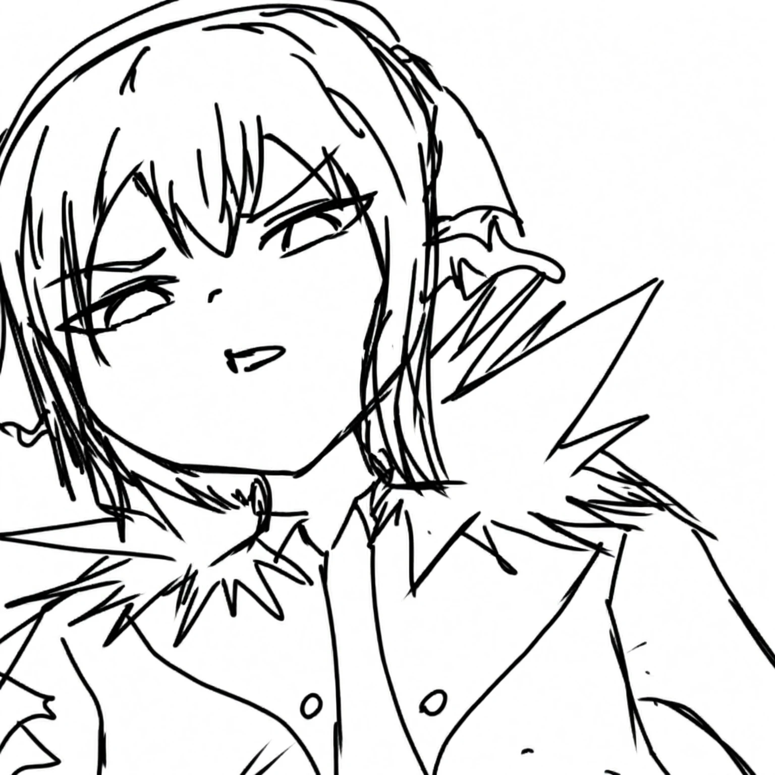A picture of a girl with very long hair and a jacket, Strong line drawing, Thick line drawing, Thick black line drawing, Beautiful anime outline, Perfect Line Drawing, sharp lineart, Highly detailed angry anime face, Variable Line Drawing, Bold line art, Beautiful line drawing, Dark lineart, Thick line drawing, Close up of intense gesture style, Simple line drawing