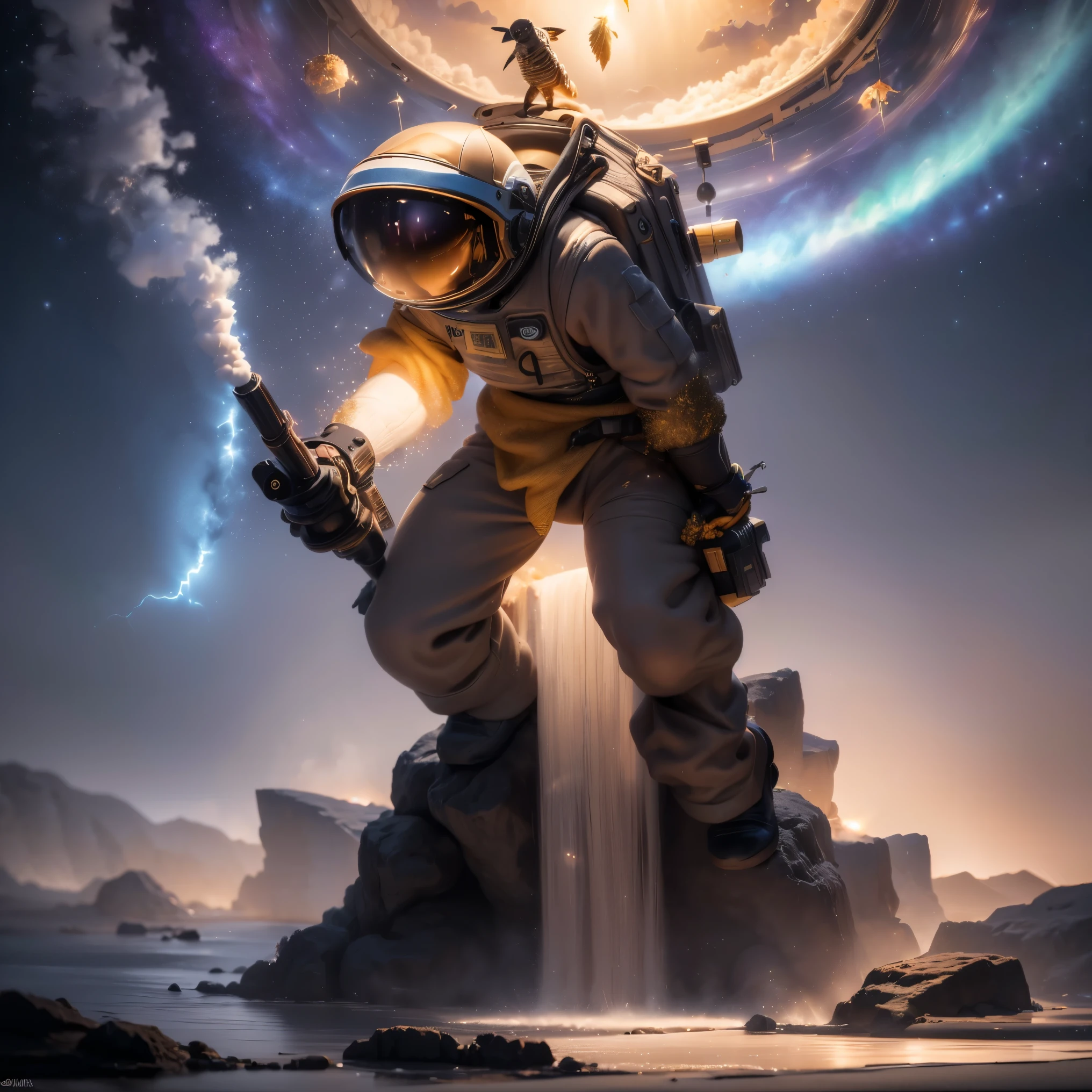 ((ultra real detailed.The astronaut) (Masterpiece, Top quality, Best quality, offcial art, Beauty and aesthetics: 1.2), Very detailed, Colorful, Most detailed, branches, The astronaut, (Mards)The astronaut(canyons), (Linen future spacesuit), Angry fighting stance, looking at the ground, Batik linen bandana, Crane pattern long sleeve garment, Astronaut Canyon(Abstract propylene splash:1.2), Dark clouds lightning background,Sprinkle with gold dust(realisticlying:1.4),Black color hair,Flour fluttering,rainbow background, A high resolution, the detail, RAW photogr, Sharp Re, Nikon D850 Film Stock Photo by Jefferies Lee 4 Kodak Portra 400 Camera F1.6 shots, Rich colors, ultra-realistic vivid textures, Dramatic lighting, Unreal Engine Art Station Trend, cinestir 800,Flowing black hair,(((Mards)))