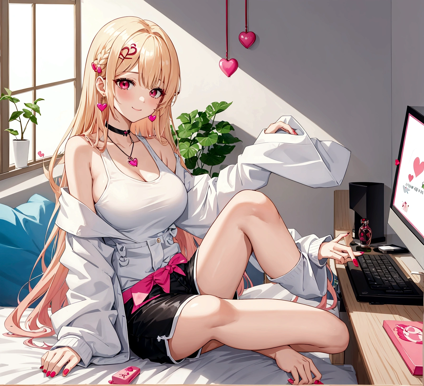 ((최고의 품질)), ((걸작)), (상세한), 여자 1명, Create an anime-style digital artwork of a character with long, straight, sleek blonde hair and bright red eyes. The character is wearing a white cardigan over a black tank top and dolphin shorts. She is accessorized with a pink heart pendant choker and long, decorative earrings. Her hair features a red heart hairpin on the side. The character is sitting in her room in front of a desktop computer, smiling warmly. The background should show a cozy room with soft lighting, with elements like a computer desk, monitor, and some personal items scattered around. The overall mood should be relaxed and inviting, capturing the essence of a casual day indoors.