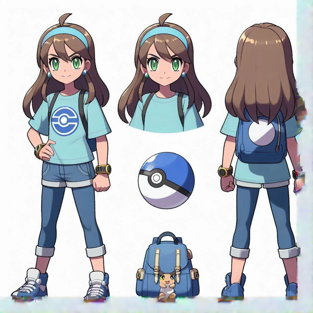 anime character design of a girl with a backpack and a ball, Pokémon Trainer outfit, Pokémon Trainer, pokemon anime style, Official character art, pokemon art style, ( ( character concept art ) ), anime character design, anime character art, best anime character design, female protagonist 👀 :8, Anime Characters Cheat Sheet, detailed anime character art, pretty anime character design