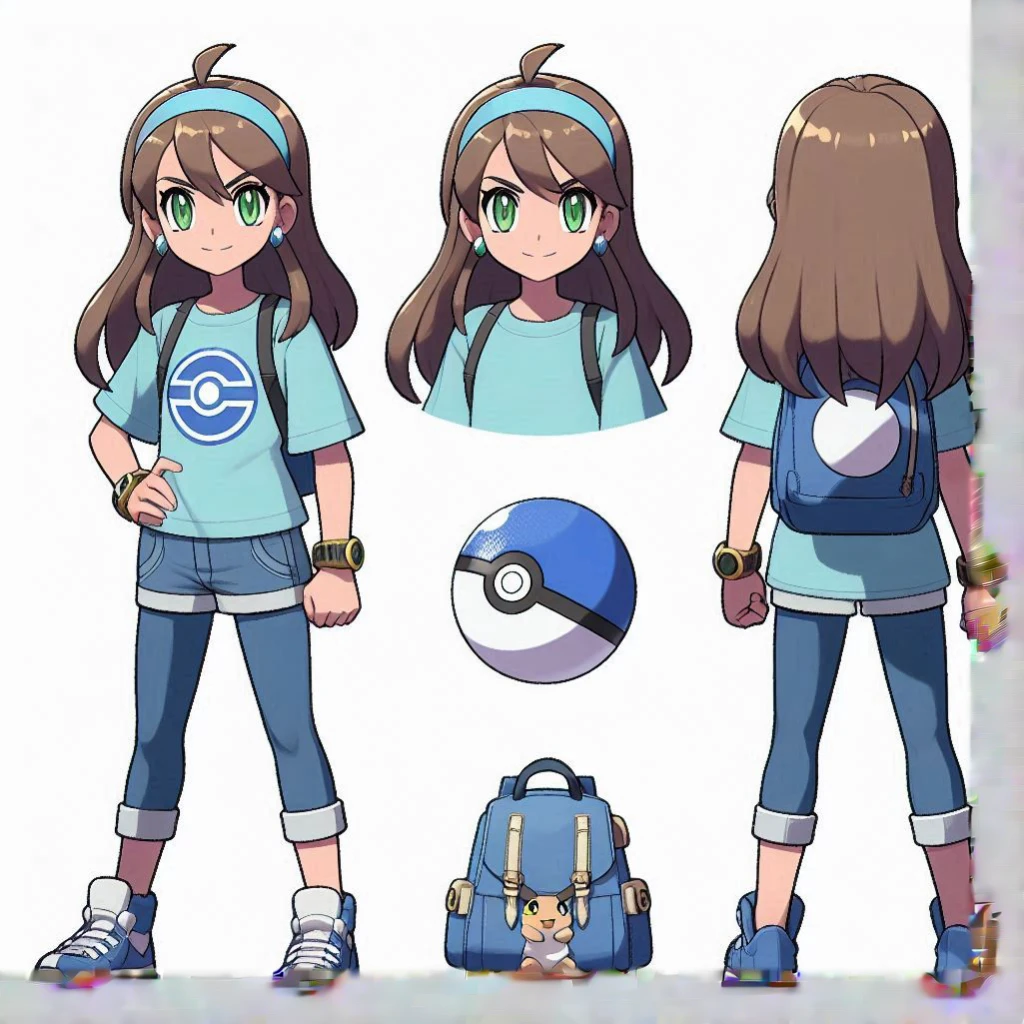 anime character design of a girl with a backpack and a ball, Pokémon Trainer outfit, Pokémon Trainer, pokemon anime style, Official character art, pokemon art style, ( ( character concept art ) ), anime character design, anime character art, best anime character design, female protagonist 👀 :8, Anime Characters Cheat Sheet, detailed anime character art, pretty anime character design