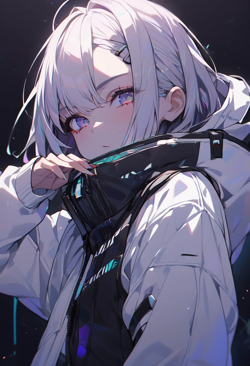 Techwear, girl, close up, dark background ,solarpunk , aweome costume , white jacket , randome pose