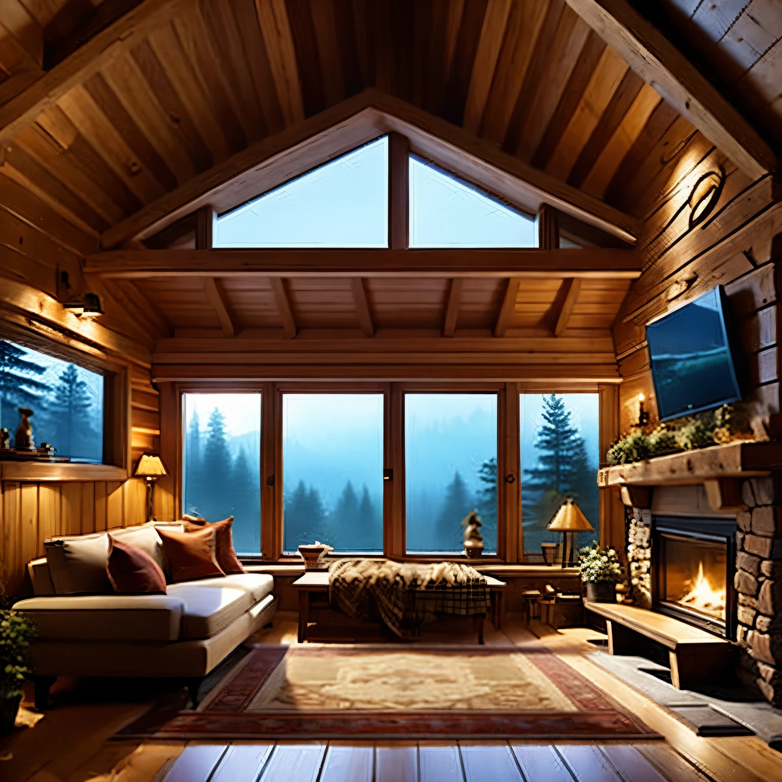 ((best quality)), ((masterpiece)), (detailed), inside a cabin in the woods, cozy, warm, indoors, pot, candle, no humans, wall, window