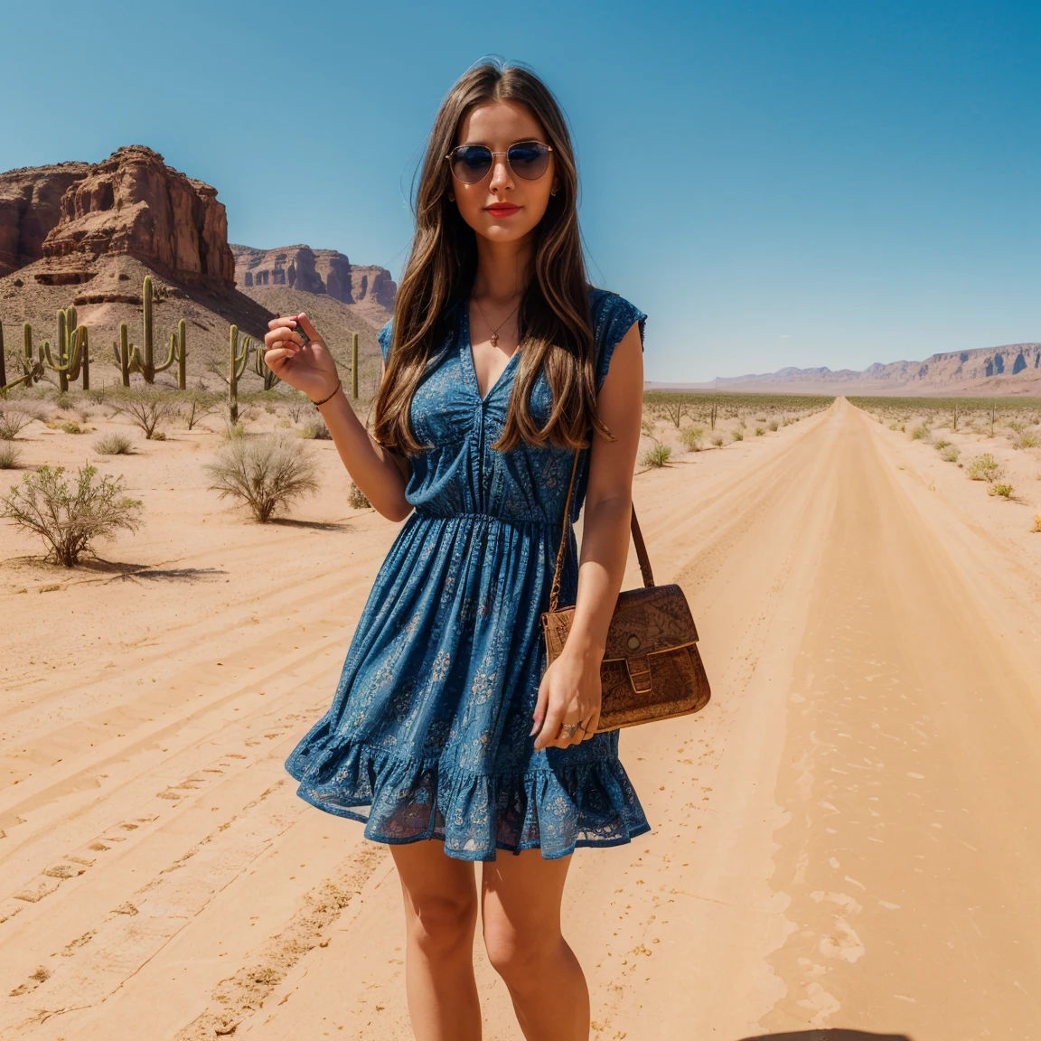 a girl, 28 years old, ((best quality)), ((detailed)),(masterpiece), (American), ((blue eyes)) long hair, freckles, red lips, slightly smiling, standing, sunglasses on her face, wearing a colorful short dress, small handbag in one hand,  ((desert carpet road background in side)), capture to thighs