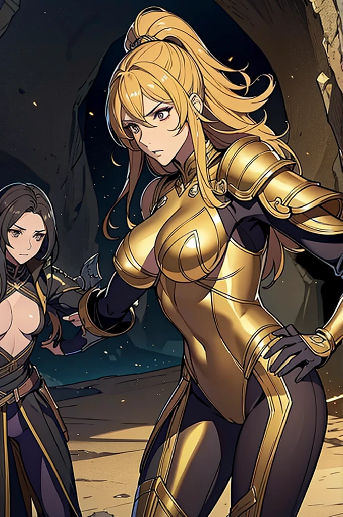 best quality, official art, masterpiece, textile shading, HDR, very detailed, colorful, best details, fantasy, gold & black battle armor, wearing gold battle helmet, 1 human female, 25 years old, 3 boys bandits, Multiple horny bandits, Anxious and frightened expression, standing on stairs, Inside the cave, Dim brightness, choppy hair, big breast, skinny, Surrounded by a horde of bandits:1.9、Bandits in heat, Feeling like about to be attacked, mysterious atmosphere、cameltoe:1.3, looking back, ground level shot:1.9, fighting stance,