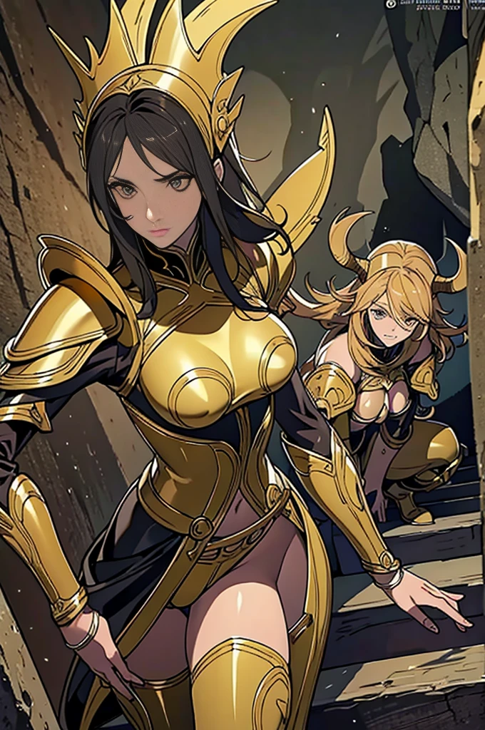 best quality, official art, masterpiece, textile shading, HDR, very detailed, colorful, best details, fantasy, gold & black battle armor, wearing gold battle helmet, 1 human female, 25 years old, 3 boys bandits, Multiple horny bandits, Anxious and frightened expression, standing on stairs, Inside the cave, Dim brightness, choppy hair, big breast, skinny, Surrounded by a horde of bandits:1.9、Bandits in heat, Feeling like about to be attacked, mysterious atmosphere、cameltoe:1.3, looking back, ground level shot:1.9, fighting stance,