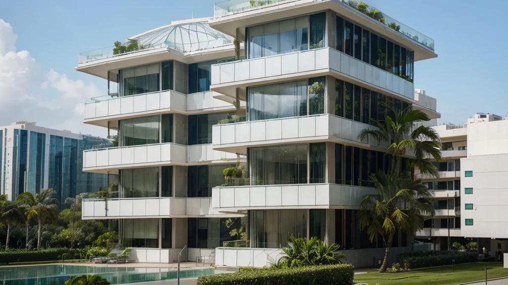 Big very large building in Double L shape  intertwined. 

Modern architecture, modern 4 storeys building, glass façade , park around, very clean, green garden, palm trees,  3 storeys. Vegetal roof, bioclimatic, one small tower building inbthe center. Mies van der rohe n architecture. Very large long building
