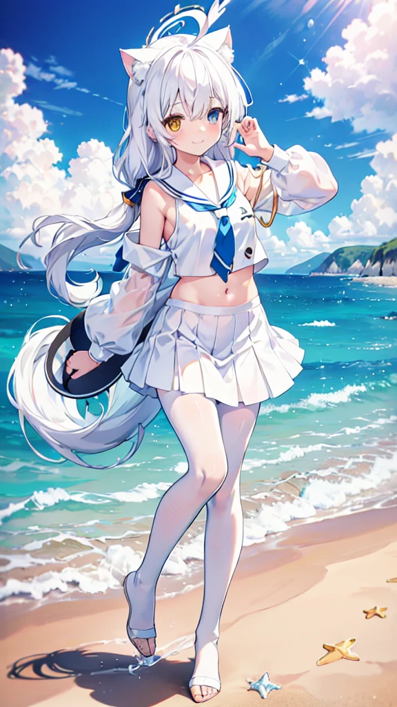 Sailor Suit，Navel，girl，White pantyhose，White hair，Long hair，Cat ear，Heterochromia blue-yellow，Smile，Female face，There are bright spots in the eyes，White little hands，Normal fingers，flat chest，On the beach，Blue Halo，White skirt，Blue tie