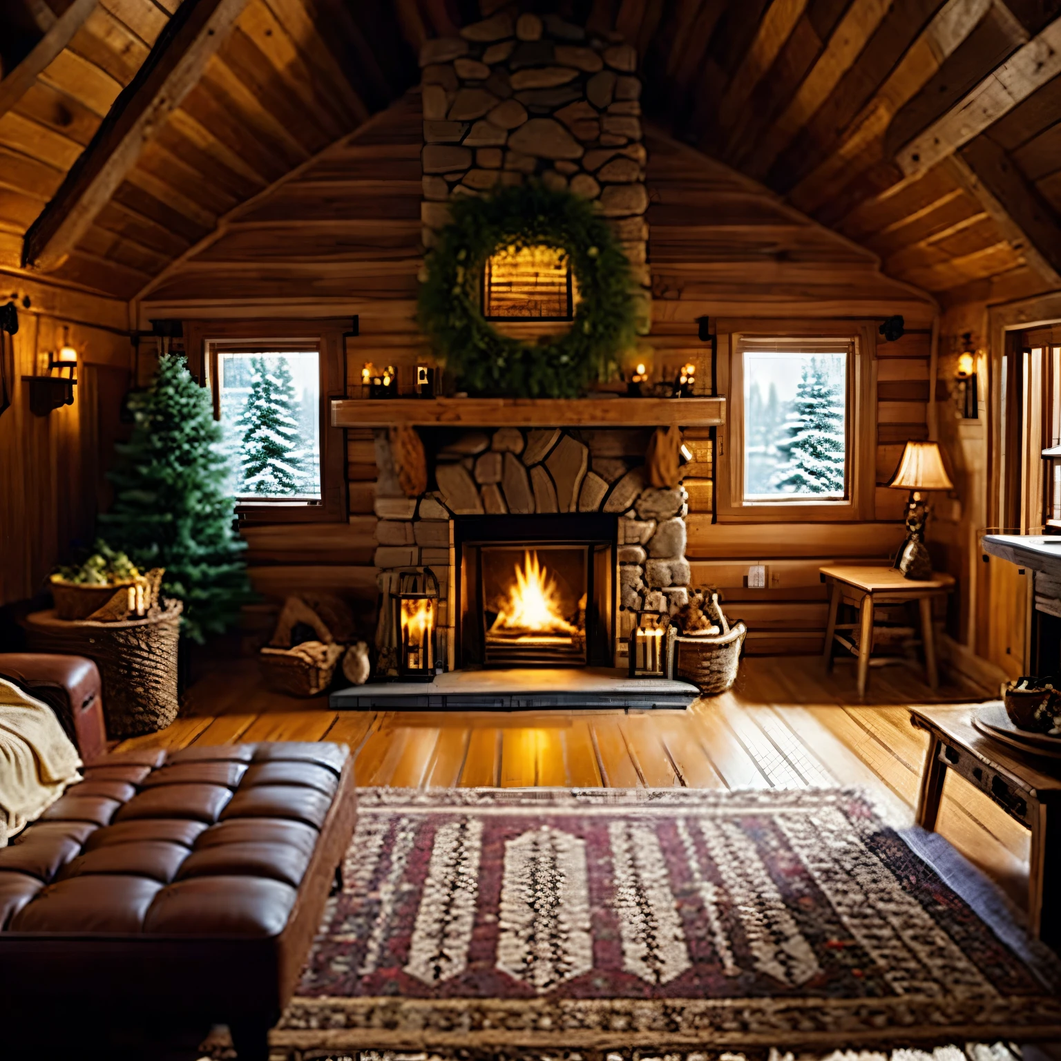 ((best quality)), ((masterpiece)), (detailed), inside a cabin in the woods, cozy, warm, indoors, pot, candle, no humans, wall, window