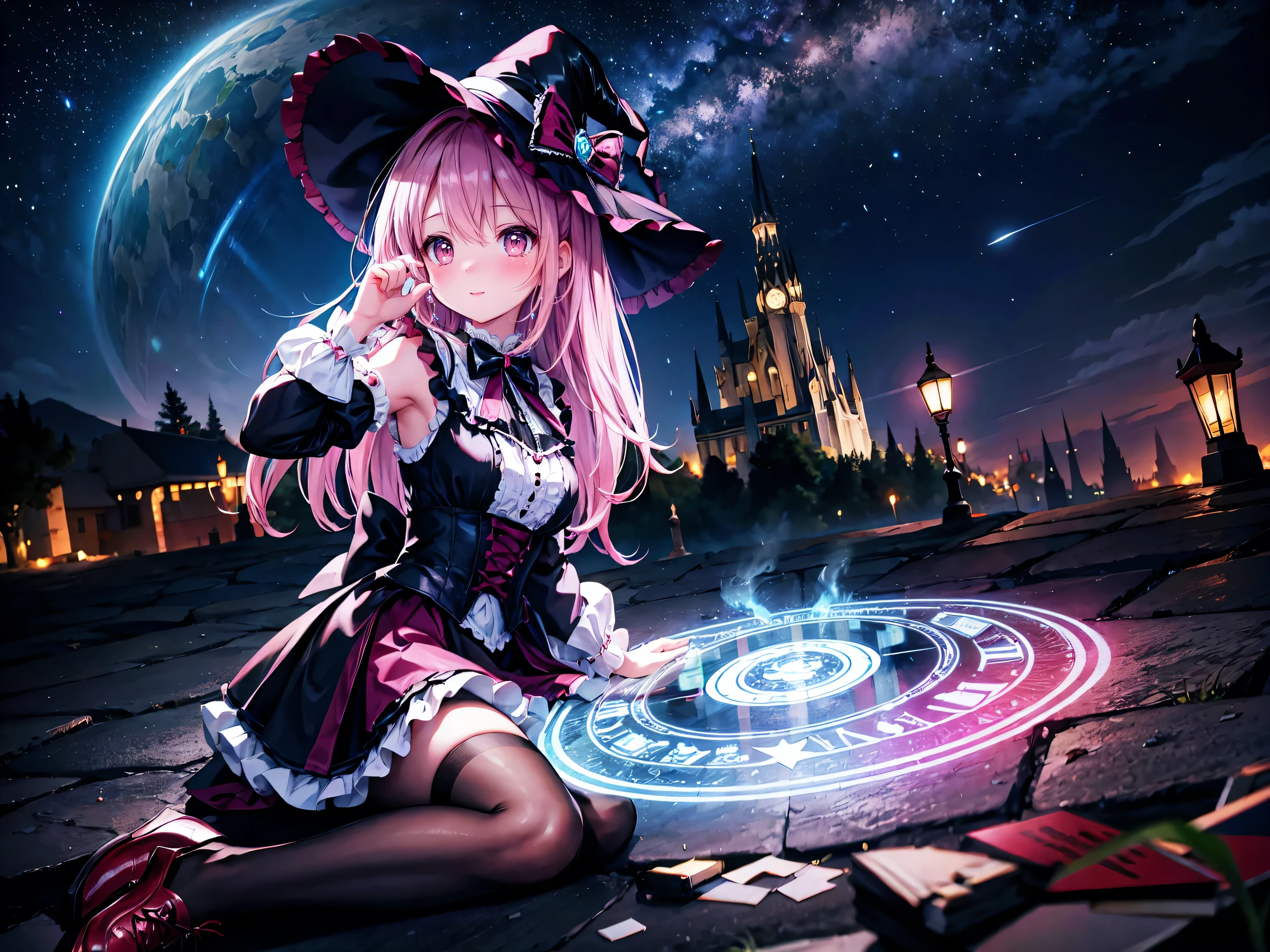 black and pink outfit sitting on a bench, top clothes pink sleeveless top clothes, Lolita Style, Lolita Fashion, Cute as an angel, black and pink gothic lolita dress, Magical Lolita Girl, Ruffled Costume, victorian gothic Lolita Fashion, Magic , Witchcore Outfit, , Layering, (((Masterpiece, Super detail, top quality, ultra high res, Spectacular Quality, Distinguished Quality, ultra detailed, unity 16k, ultra photo realistic))), (huge magic circle drawn in the sky and on the ground in night:1.5),