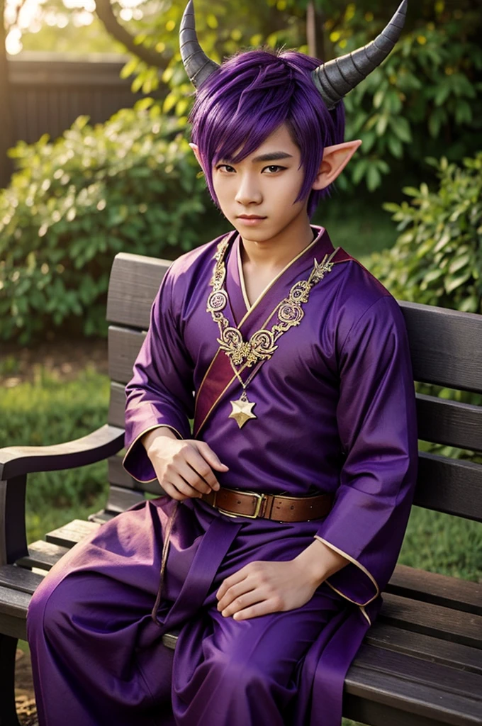 A boy with purple hair, bench skin, elf ears, purple horns with stars, t, Asian clothes, half oni