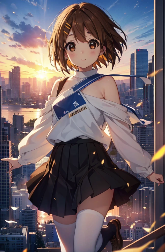 yuihirasawa, Yui Hirasawa, short hair, Brown Hair, hair ornaments, (Brown eyes:1.5),blush,smile,White oversized one-shoulder sweater,Black pleated skirt,White Pantyhose,short boots,Hair Clip,Panties in full view、smile、Overlooking the city from the top of the hill、Beautiful sunset、the wind is strong、whole bodyがイラストに入るように,
break otdoors, 丘
break looking at viewer, whole body、
break (masterpiece:1.2), Highest quality, High resolution, unity 8k wallpaper, (shape:0.8), (Beautiful and beautiful eyes:1.6), Highly detailed face, Perfect lighting, Extremely detailed CG, (Perfect hands, Perfect Anatomy),