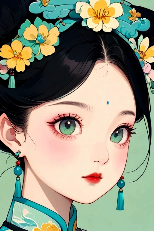 a gongbi painting of a chinese cartoon-like girl with black hair, Qing Dynasty style, exquisite headdress, cute face, close-up, in the style of cartoonish lithographs, extremely minimalism portrait, animated gif, rich details, crisp lines, fairy kei, dark blue and yellow and light cyan, matte light green background