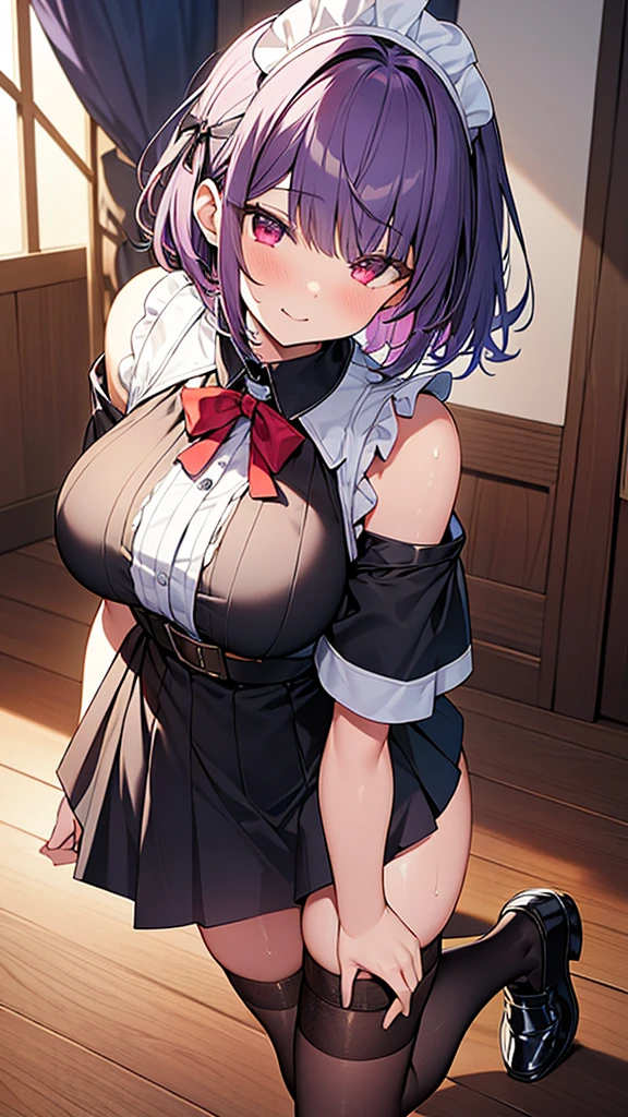 最high quality, high quality, Super detailed, 32k, Ultra-detailed details, Sister and maid, (Standing, pretty girl, beautiful purple hair, short hair, Beautiful RED eyes, mature, Big Breasts, A light smile, Red eyes, Off-the-shoulder sleeveless Summer clothes, Summer casual maid clothes, Short skirt, Blue and white color striped underwear, Black knee socks, loafers, My crotch is wet with love juice, 18-year-old,cute), {{The succubus peels the skin off her sister&#39;s face, sticks it on her face, and seduces her by dressing her as a maid.}}, She has transformed from a shy maid into a lewd one., A maid with her sister&#39;s face stuck on her face is vigorously pistoning her body, A maid who moves her body vigorously without caring if her breasts bounce, Super detailed, Full body image, ((Head to Toe:1.3)), NSFW