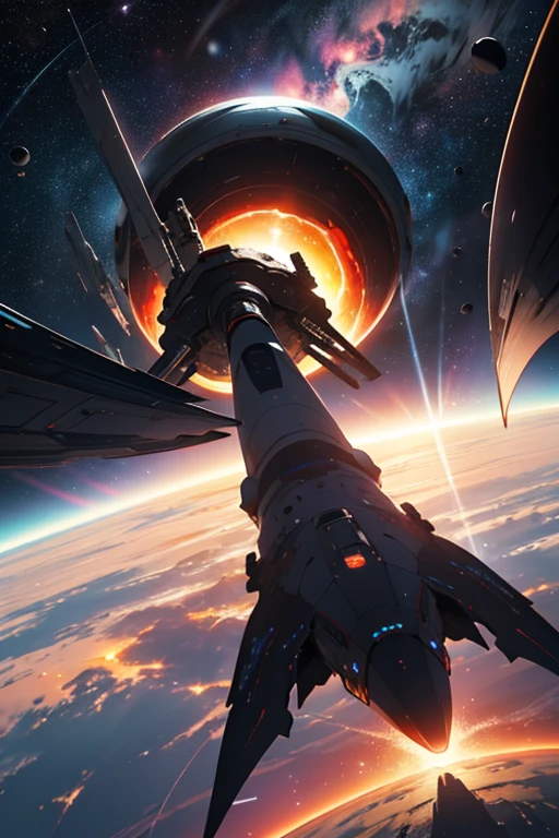 Generate a highly detailed and realistic image of a planet being devoured by a black hole, viewed from the perspective of a spectator on a Space-X spaceship.

Elements:
- Black Hole: Central, massive, with intense gravitational pull, distorting space-time.
- Planet: In the process of being devoured, with fragments and planetary material spiraling towards the black hole.
- Accretion Disk: Glowing, swirling around the black hole, with bright X-ray radiation.
- Spaceship: Space-X spaceship visible in the foreground, with part of its structure and windows through which the cosmic event is visible.
- Explosions: Realistic explosions on the planet with fiery debris, shockwaves, and shadows cast by the intense light.
- Shadows: Detailed shadows from the light of the black hole and explosions, adding depth and realism.
- Background: Deep space with distant galaxies, nebulae, and stars, creating a dramatic and awe-inspiring scene.
- Colors: Use vibrant and contrasting colors to highlight the energy and chaos of the event.

Visual Style:
- Realism: Focus on high detail in textures and lighting to convey the immense scale and power of the cosmic event.
- Dynamic: Capture the motion and turbulence of the collapsing planet and surrounding space, with realistic shadows and explosions.
- Perspective: Emphasize the third-person view from the Space-X spaceship, providing a broad view of the cosmic event.
- Branding: Include the Space-X logo clearly visible on the spaceship.
