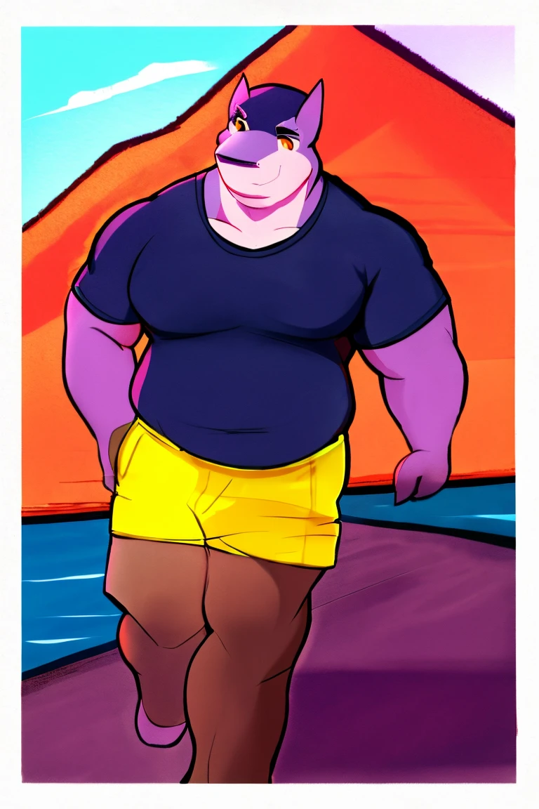 furry , bara ,male shark,Light purple skin,Dark yellow eyes,Body wounds.,No shirt..,muscular,Wear black swimming trunks,The crotch of the pants clearly bulges out..,Walking up from the sea