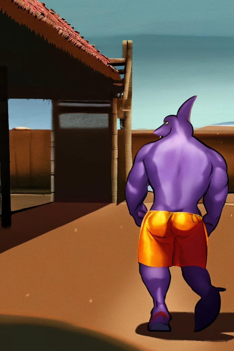 furry , bara ,male shark,Light purple skin,Dark yellow eyes,Body wounds.,No shirt..,muscular,Wear black swimming trunks,The crotch of the pants clearly bulges out..,Walking up from the sea