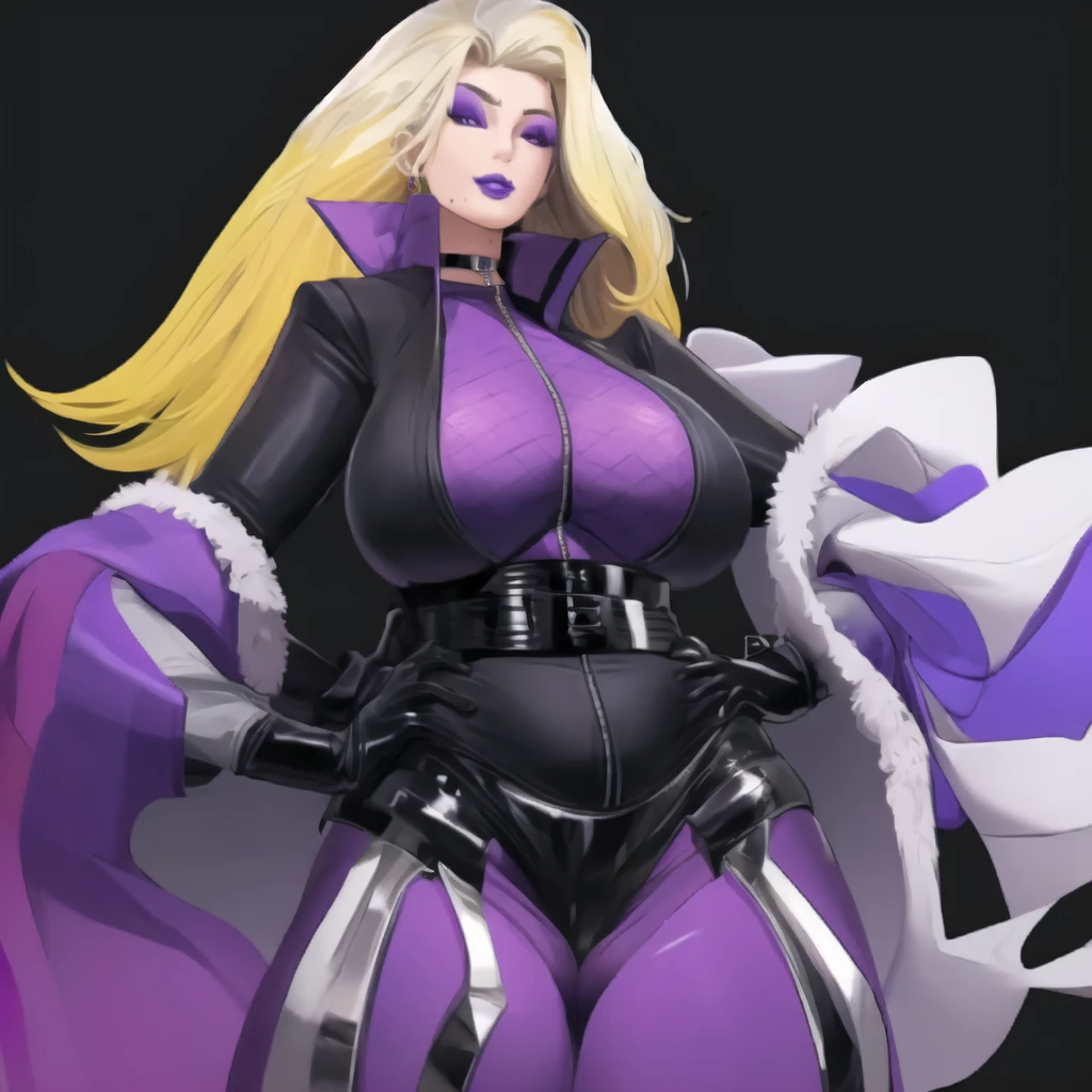 Bowei, KarenTot, 1girl, solo, long hair, looking at viewer, blonde hair, simple background, gloves, jewelry, purple eyes, choker, black gloves, belt, mole, huge breasts, collar, makeup, lipstick, black background, mole under mouth, eyeshadow, zipper, hands on hips, black bodysuit, zipper pull tab, leather, latex, purple lips, KarenSuit,  