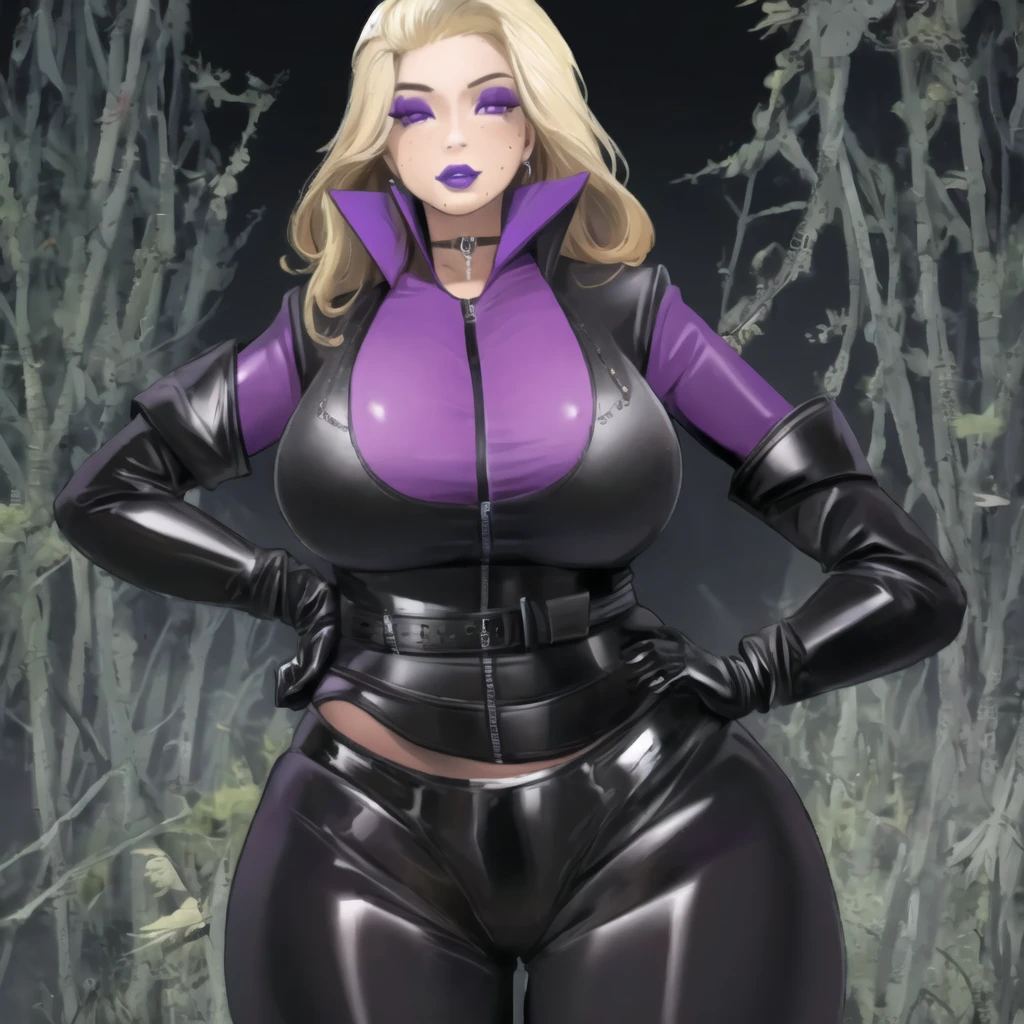 Bowei, KarenTot, 1girl, solo, long hair, looking at viewer, blonde hair, simple background, gloves, jewelry, purple eyes, choker, black gloves, belt, mole, huge breasts, collar, makeup, lipstick, black background, mole under mouth, eyeshadow, zipper, hands on hips, black bodysuit, zipper pull tab, leather, latex, purple lips, KarenSuit,  