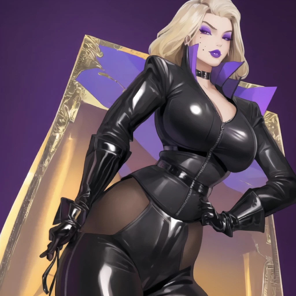 Bowei, KarenTot, 1girl, solo, long hair, looking at viewer, blonde hair, simple background, gloves, jewelry, purple eyes, choker, black gloves, belt, mole, huge breasts, collar, makeup, lipstick, black background, mole under mouth, eyeshadow, zipper, hands on hips, black bodysuit, zipper pull tab, leather, latex, purple lips, KarenSuit,  