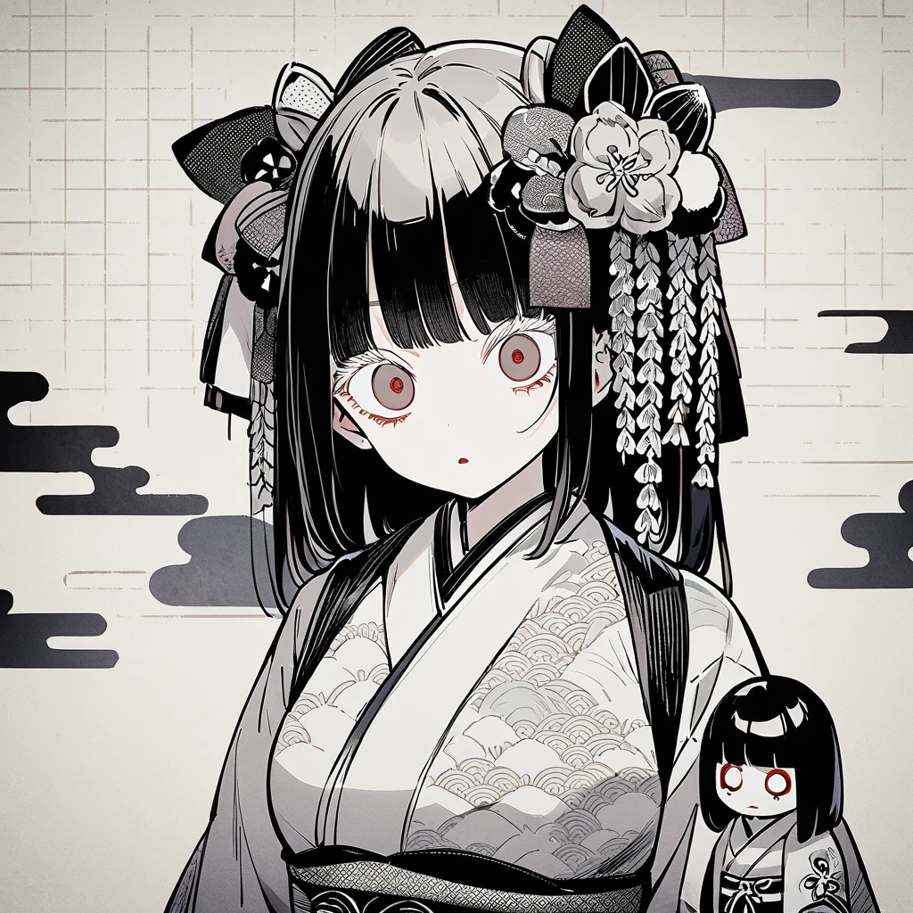 girl, Japanese pattern, yandere, cool, looking at viewer, white tone, hair ornament, Japanese paper background, front view, colored eyelashes, silver, Japanese doll, multiple, large breasts, dark color, illustration