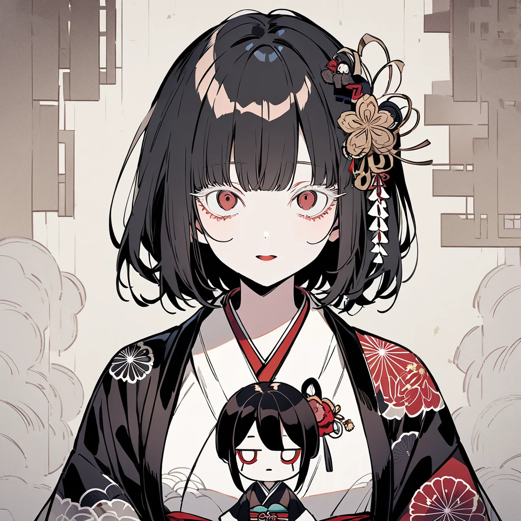 girl, Japanese pattern, yandere, cool, looking at viewer, white tone, hair ornament, Japanese paper background, front view, colored eyelashes, silver, Japanese doll, multiple, large breasts, dark color, illustration