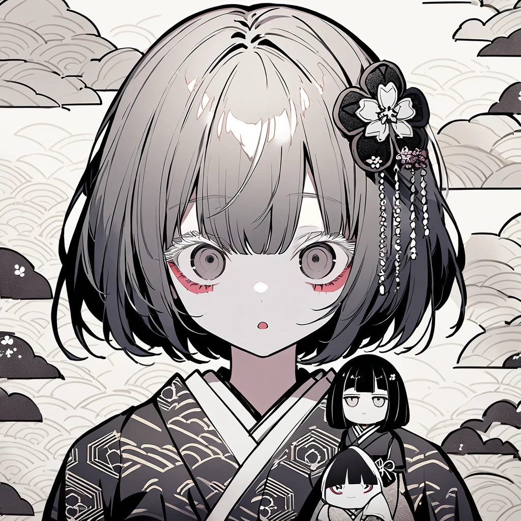 girl, Japanese pattern, yandere, cool, looking at viewer, white tone, hair ornament, Japanese paper background, front view, colored eyelashes, silver, Japanese doll, multiple, large breasts, dark color, illustration