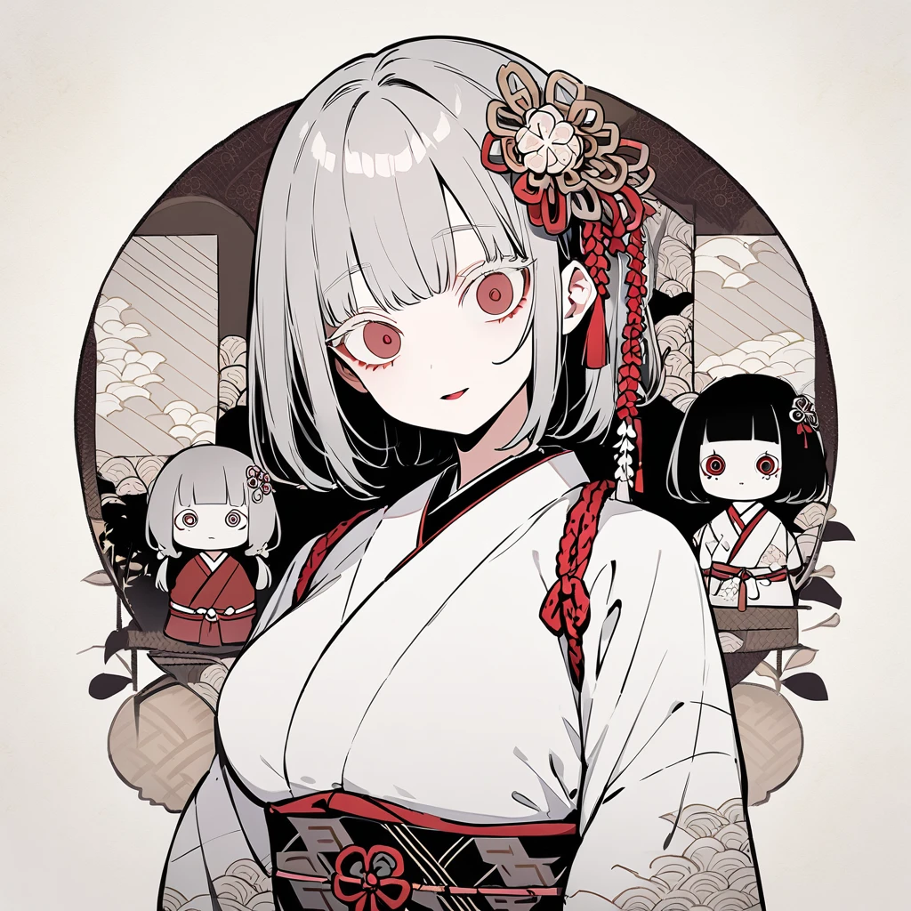 girl, Japanese pattern, yandere, cool, looking at viewer, white tone, hair ornament, Japanese paper background, front view, colored eyelashes, silver, Japanese doll, multiple, large breasts, dark color, illustration