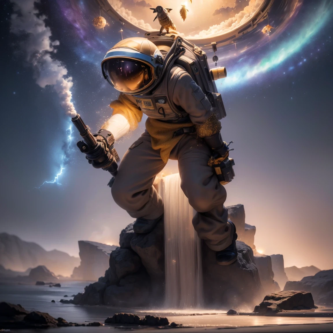 ((ultra real detailed.The astronaut) (Masterpiece, Top quality, Best quality, offcial art, Beauty and aesthetics: 1.2), Very detailed, Colorful, Most detailed, branches, The astronaut, (Mards)The astronaut(canyons), (Linen future spacesuit), Angry fighting stance, looking at the ground, Batik linen bandana, Crane pattern long sleeve garment, Astronaut Canyon(Abstract propylene splash:1.2), Dark clouds lightning background,Sprinkle with gold dust(realisticlying:1.4),Black color hair,Flour fluttering,rainbow background, A high resolution, the detail, RAW photogr, Sharp Re, Nikon D850 Film Stock Photo by Jefferies Lee 4 Kodak Portra 400 Camera F1.6 shots, Rich colors, ultra-realistic vivid textures, Dramatic lighting, Unreal Engine Art Station Trend, cinestir 800,Flowing black hair,(((Mards)))