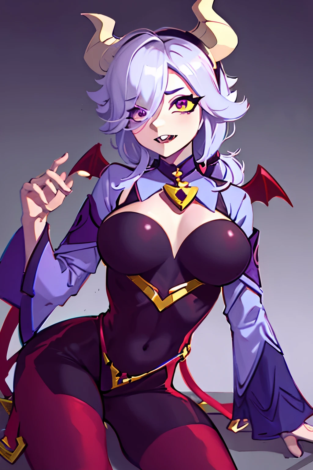 Surreal beautiful cat elf, very red and detailed hair, face detailed, big demon horns, gorda, fully body, Big eyes, long and pointed nose, colettetrixie, sharp teeth, hair over one eye, hairband, demon horns, colored sclera, purple shirt, purple shorts, demon wings, 8K