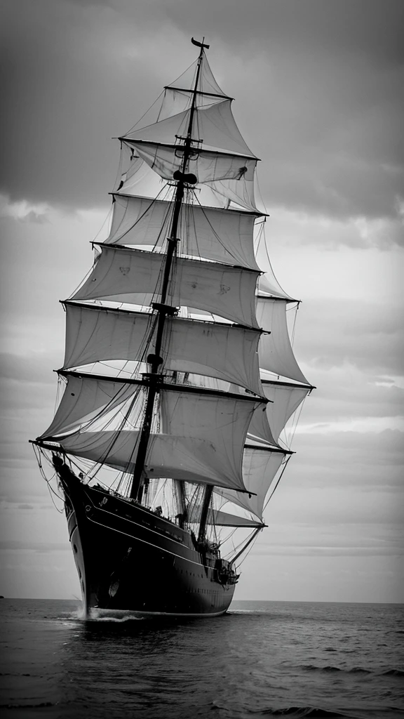 Ship adrift in the middle of the Atlantic, with tattered and slightly tilted sails, with no one in sight, under a gray, cloudy sky.