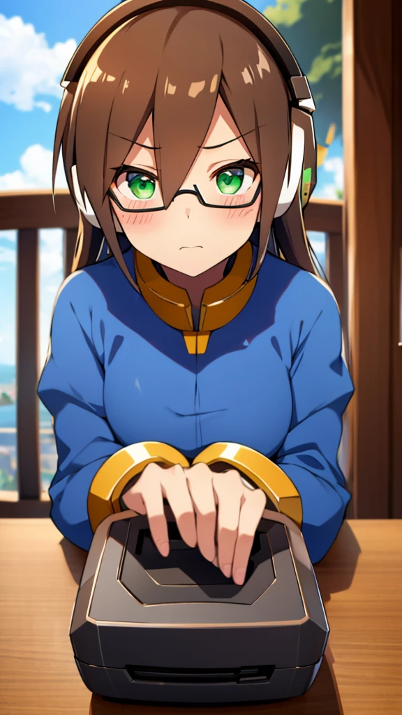 Aile_Megamanzx, 1 Girl, looking at viewer, Brown hair, Green eyes, Sky background , Blushed , Leaning on a table , Glasses , gaming clothes, gaming headphones, Cat Cosplay