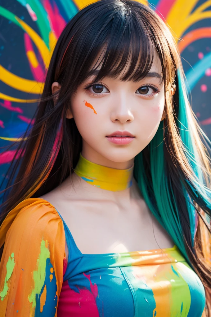 A beautiful Japanese girl is depicted in a vertical portrait, emerging from a vibrant splash of multicolored paint. She has long, dark hair with bangs framing her delicate face, and her expression is serene and captivating. She wears a semi-transparent, lightweight dress with a flowing, thin fabric that complements the fluidity of the paint around her.

The background is a light, neutral color, allowing the vivid colors of the paint to stand out. The paint splashes are rendered in dynamic, sweeping arcs, with hues of green, yellow, orange, blue, and red, creating a sense of movement and energy. The artist employs digital painting techniques to achieve a high level of detail, particularly in the textures of the paint and the delicate fabric of the dress.

The lighting is soft and even, casting gentle highlights on the girl's face and the paint, enhancing the overall sense of depth and realism. The use of bright, saturated colors and dynamic composition creates a visually striking and lively image.